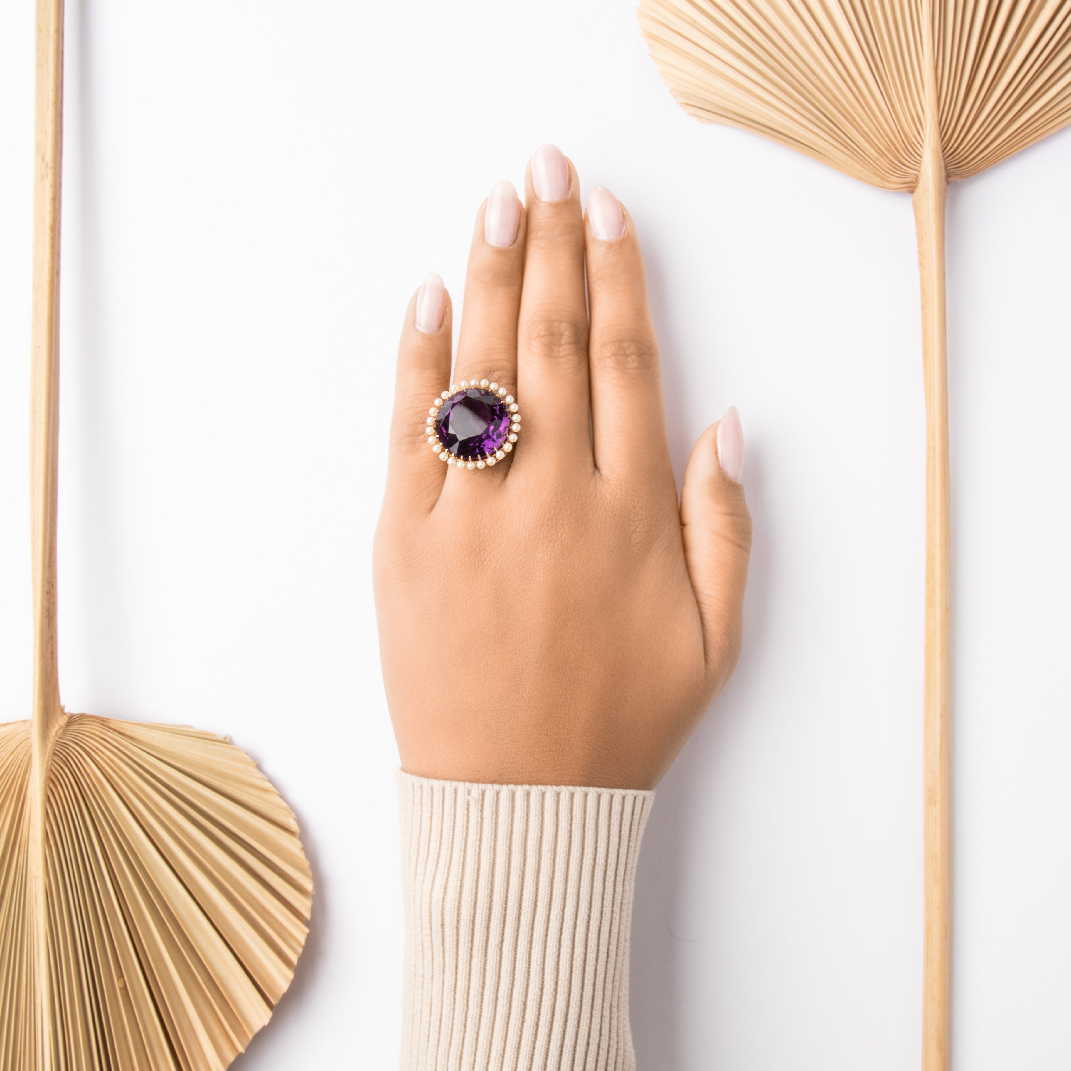 Vintage 14k Yellow Gold 20.95ct Amethyst Pearl Oversized Round Halo Cocktail Ring - On model view