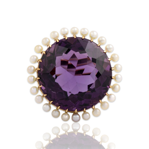 Vintage 14k Yellow Gold 20.95ct Amethyst Pearl Oversized Round Cocktail Ring 7.50