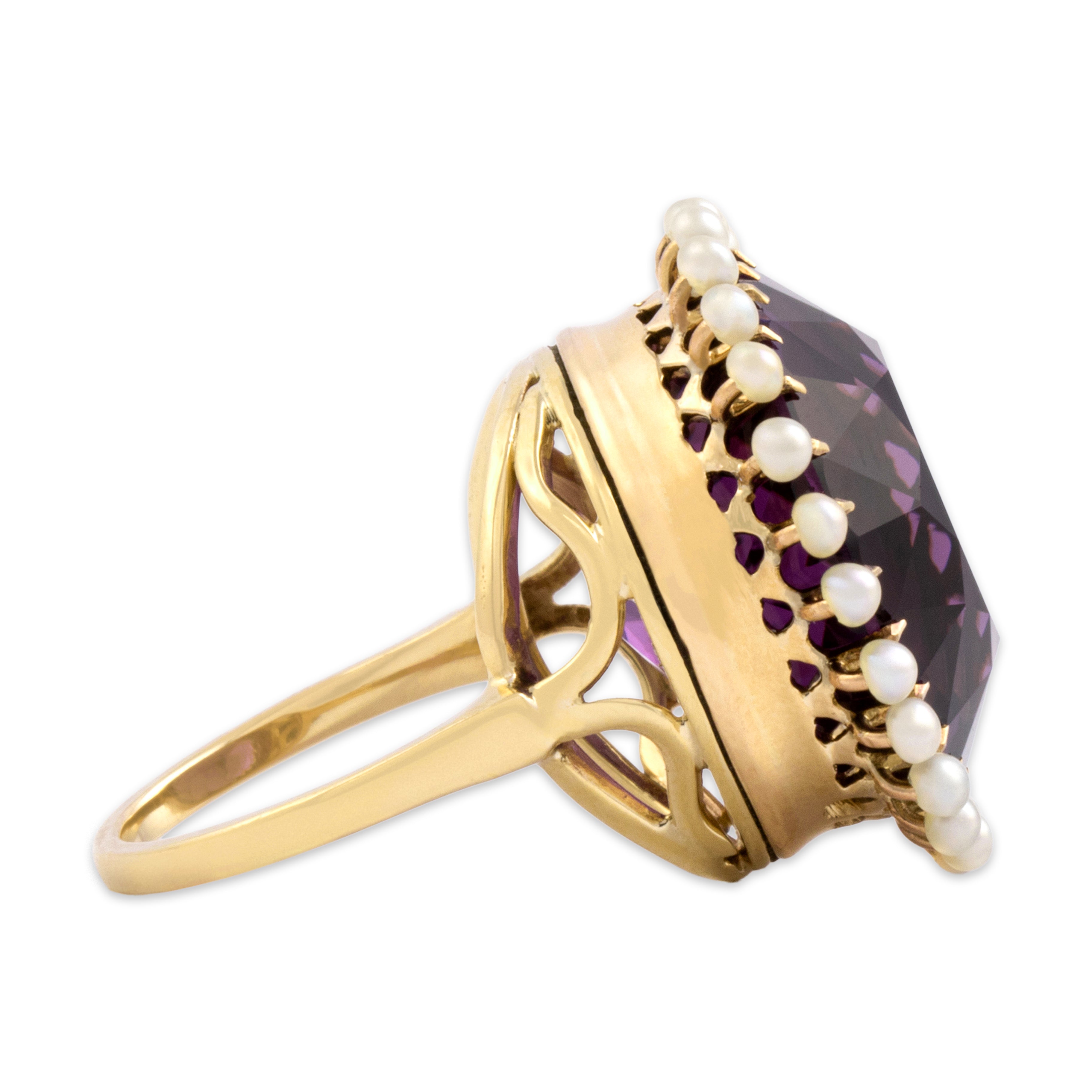 Vintage 14k Yellow Gold 20.95ct Amethyst Pearl Oversized Round Halo Cocktail Ring - Side view