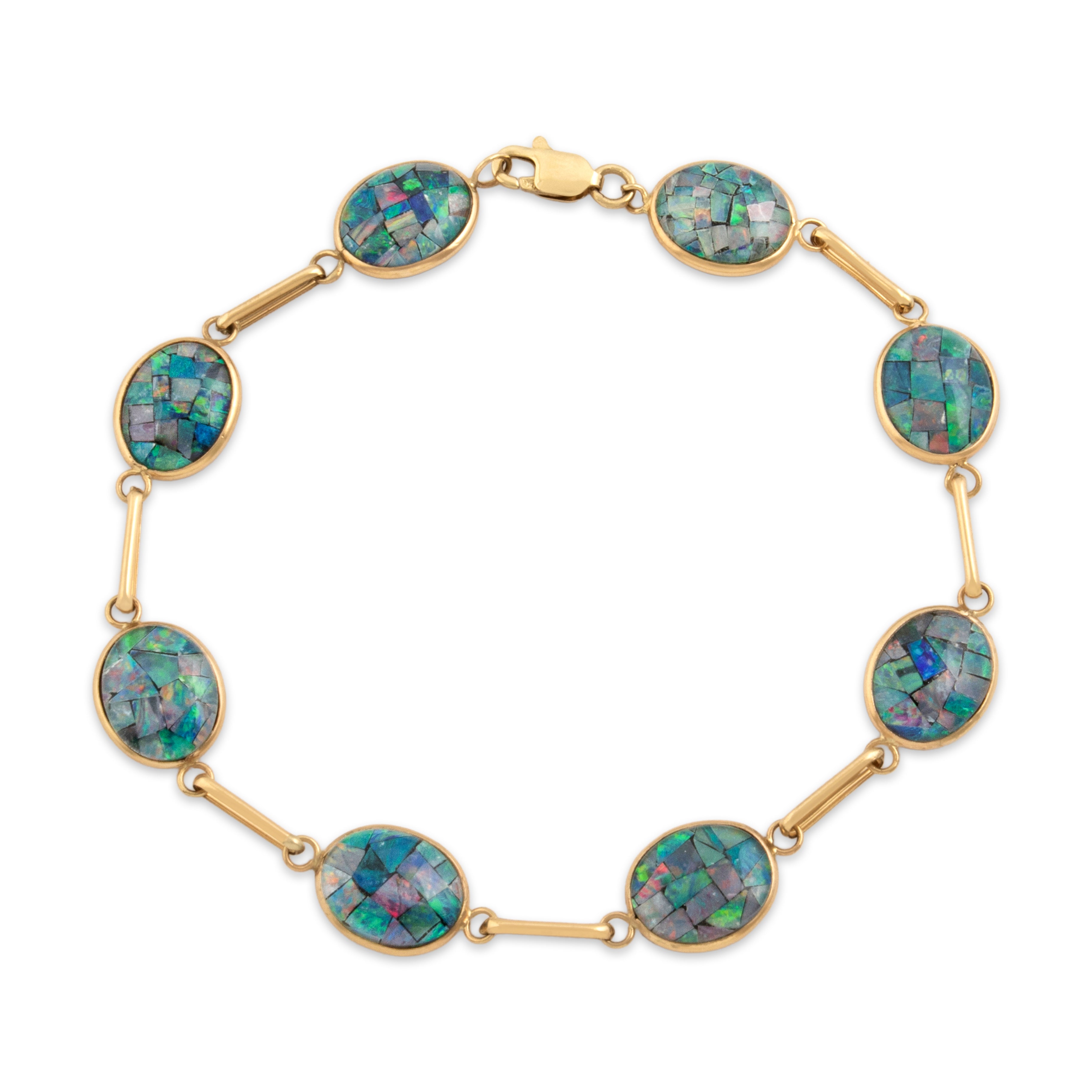 Vintage 14k Yellow Gold Opal Triplet Iridescent Mosaic Link Bracelet 7