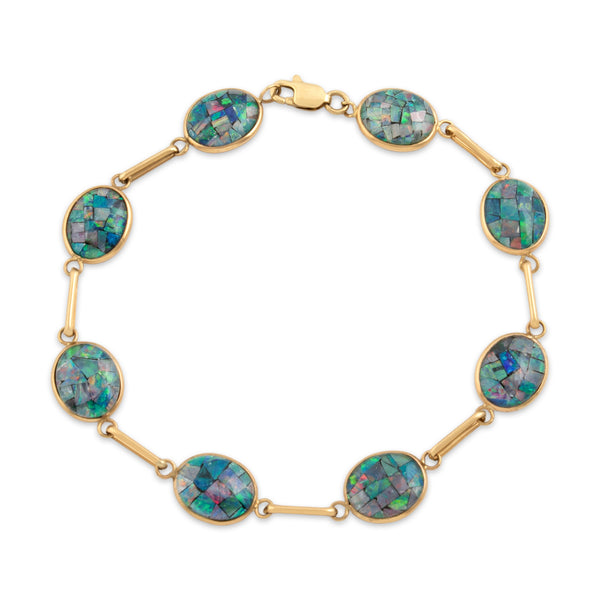 Vintage 14k Yellow Gold Opal Triplet Iridescent Mosaic Link Bracelet 7"