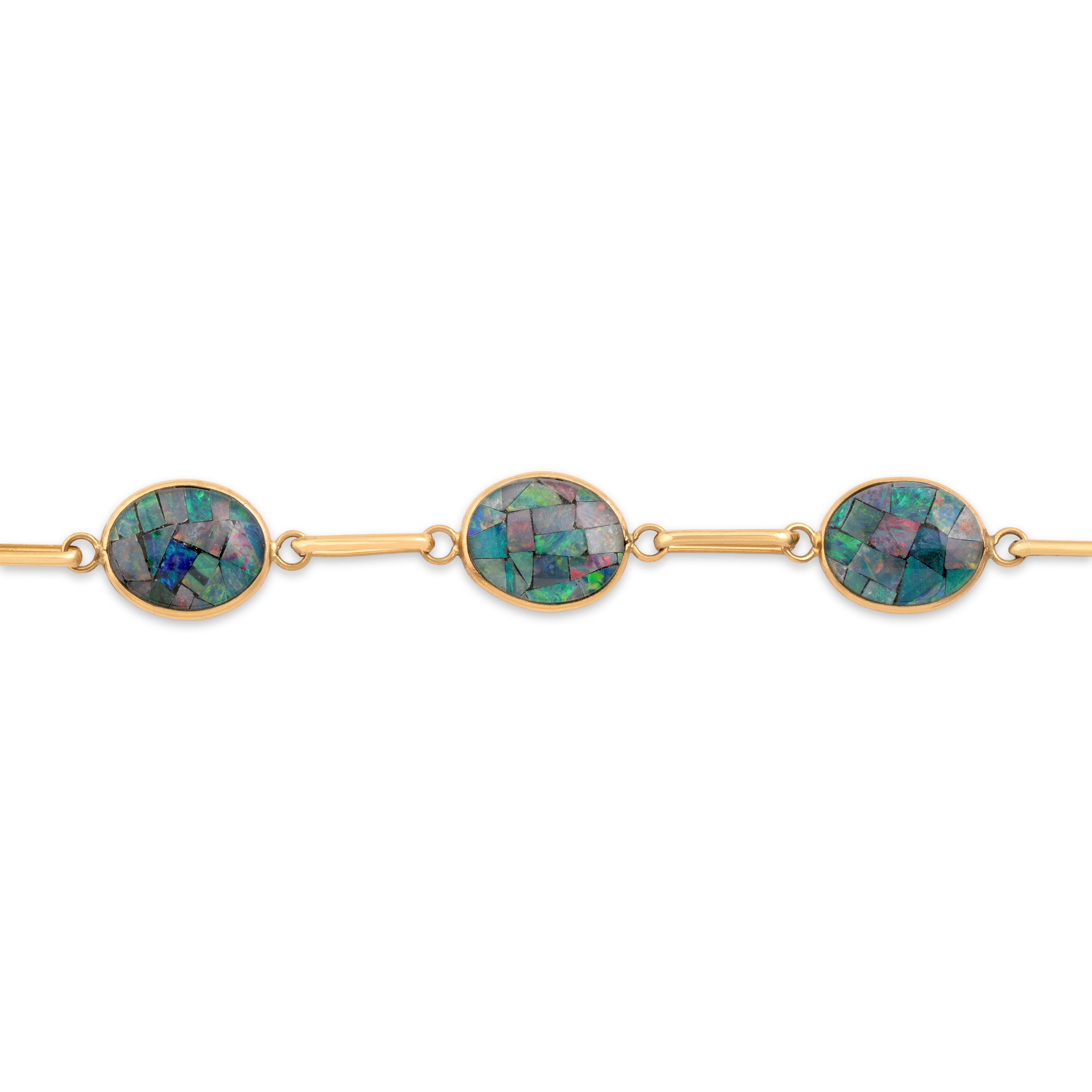 Vintage 14k Yellow Gold Opal Triplet Iridescent Mosaic Link Bracelet 7