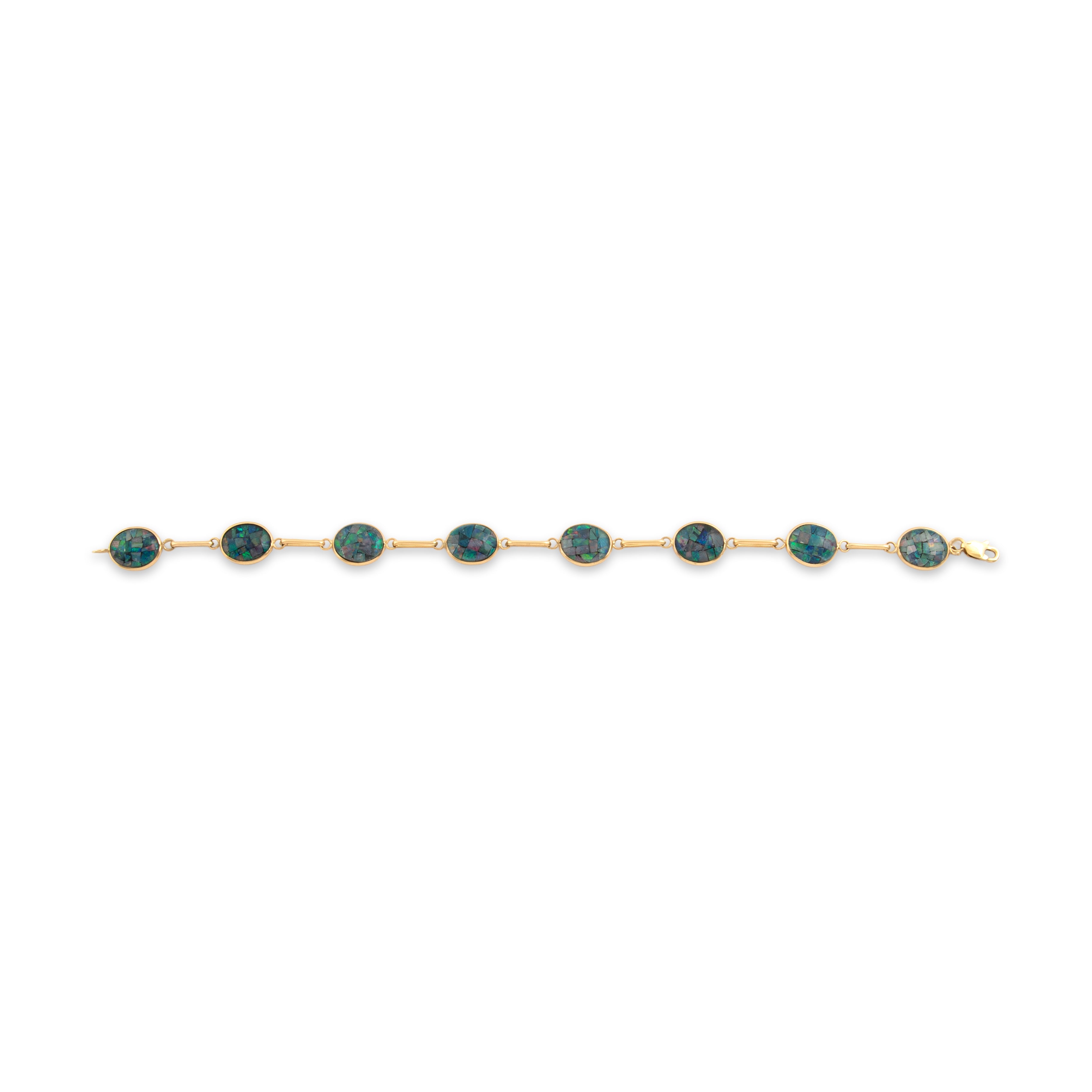 Vintage 14k Yellow Gold Opal Triplet Iridescent Mosiac Link Bracelet - Overall view