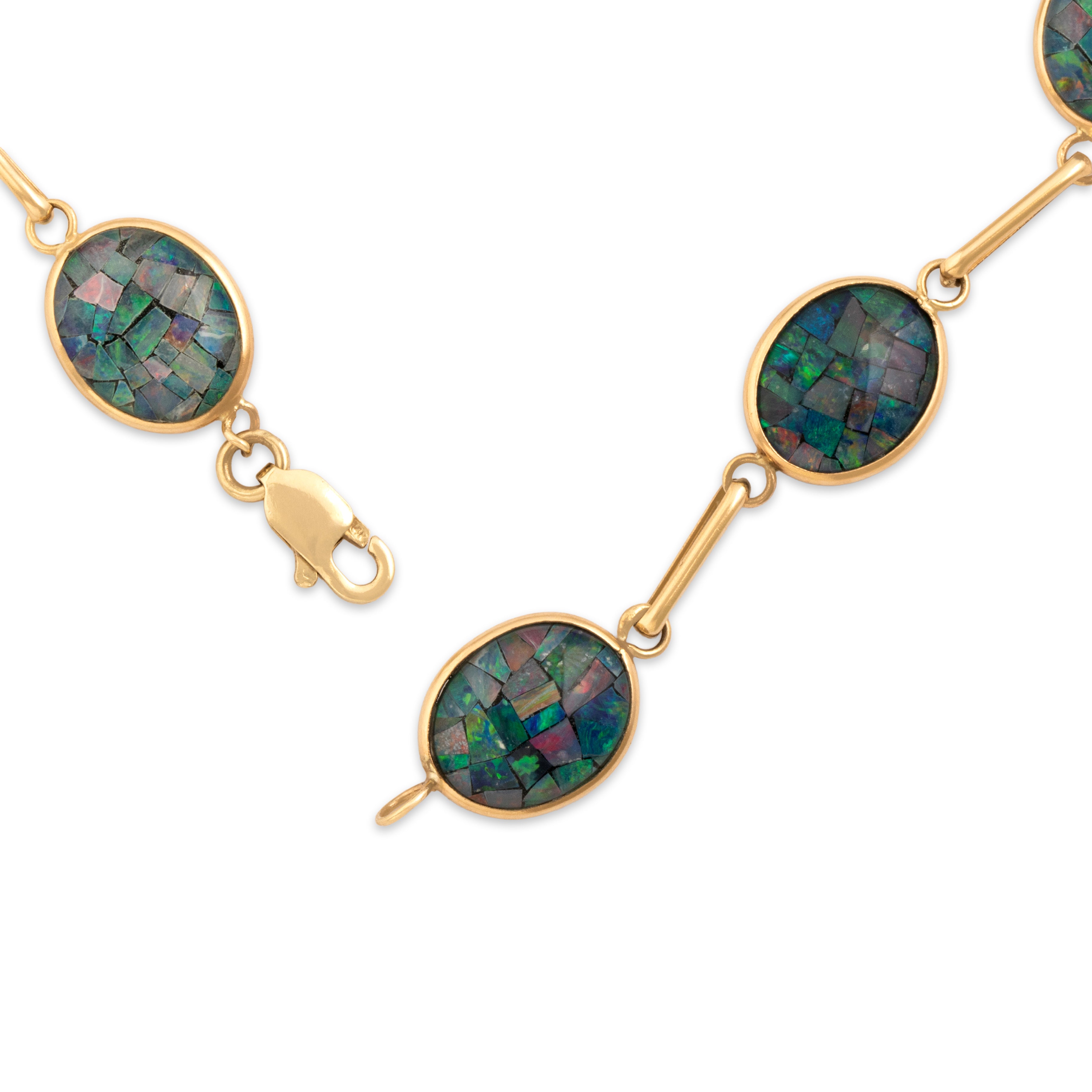 Vintage 14k Yellow Gold Opal Triplet Iridescent Mosiac Link Bracelet - clasp view