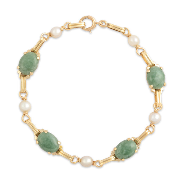 Vintage 14k Yellow Gold 6.91cttw Jade Pearl Serene Alternating Link Bracelet 7