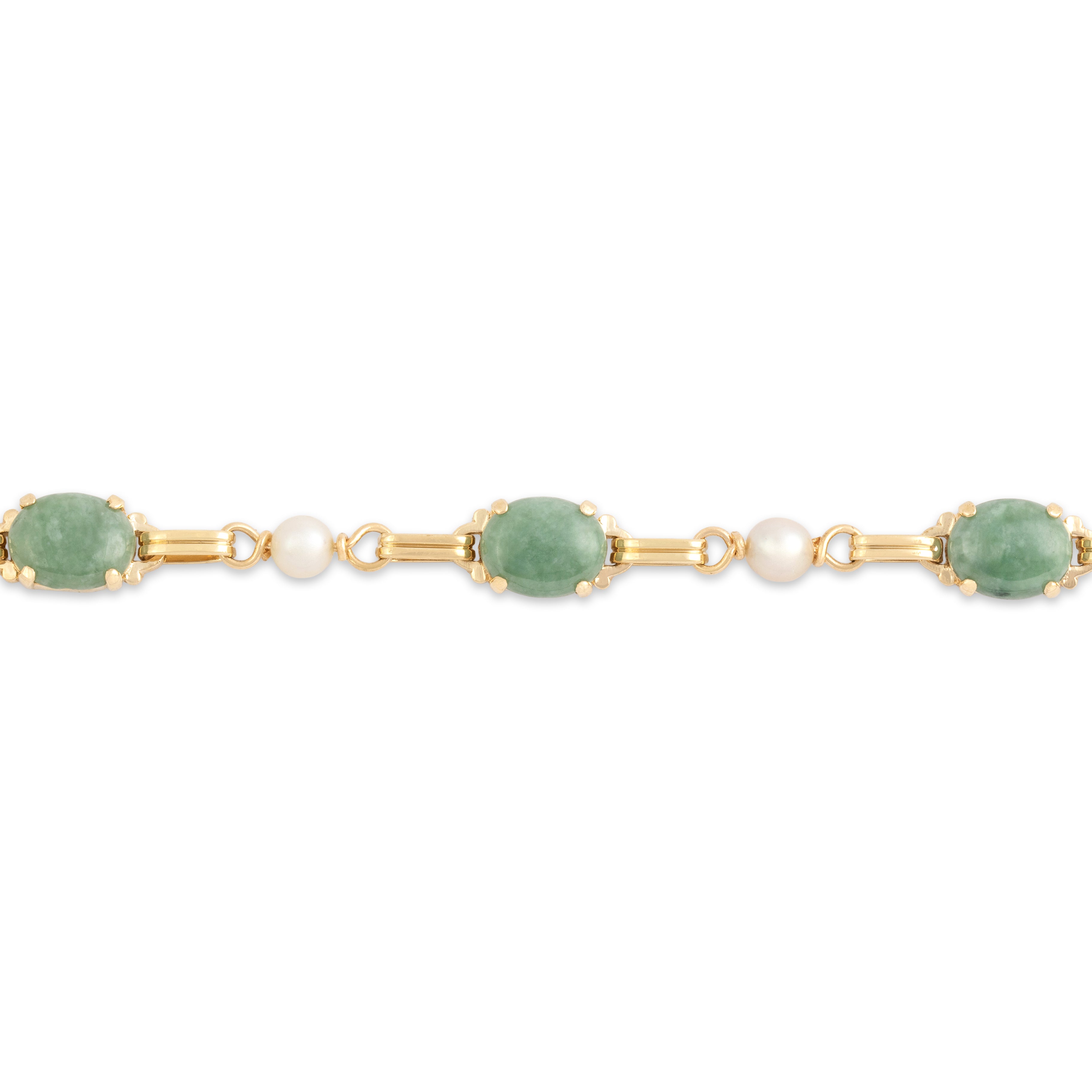 Vintage 14k Yellow Gold 6.91cttw Jade Pearl Serene Alternating Link Bracelet - detail view #1
