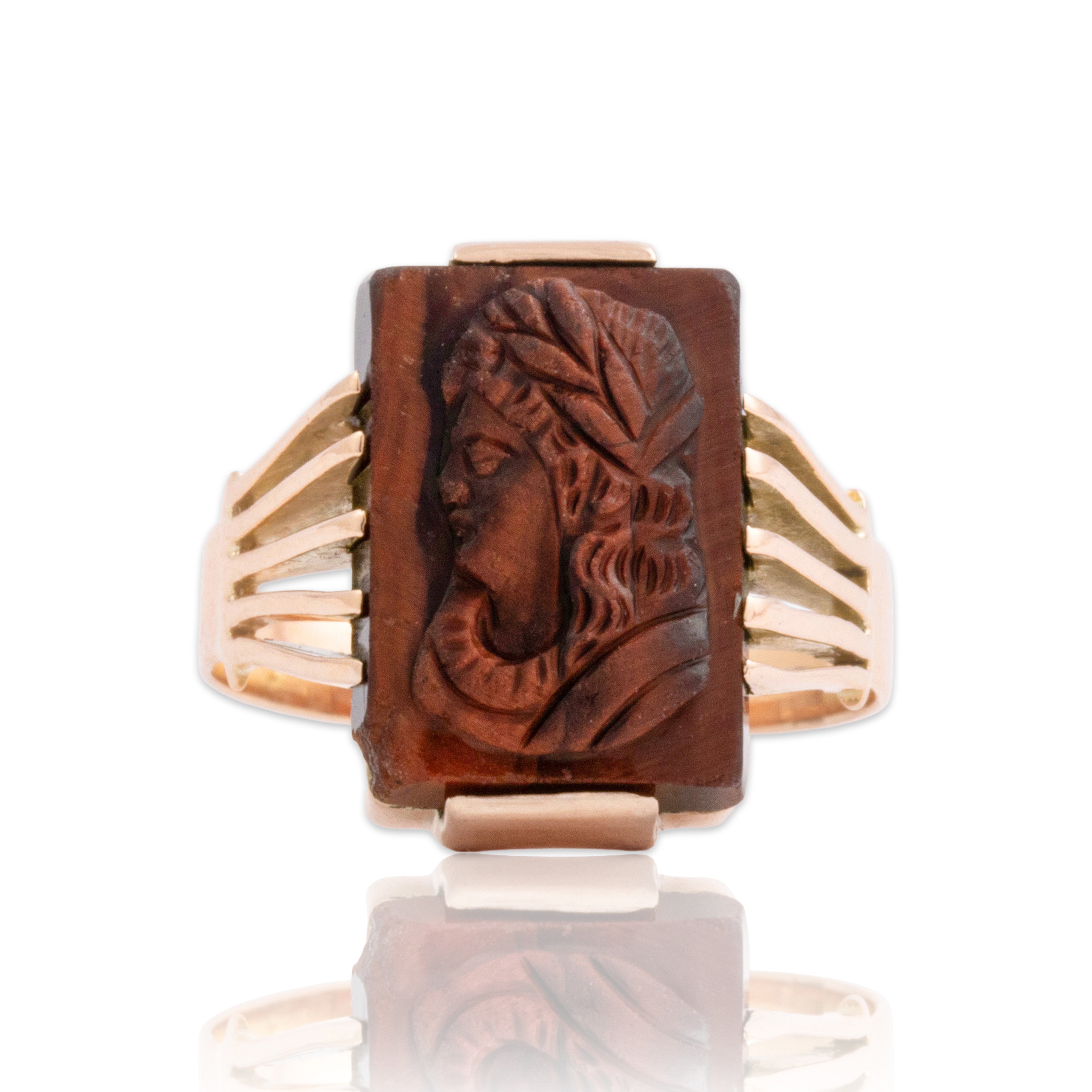 Antique 10k Rosy Yellow Gold Tiger's Eye Architectural Shoulder Carving Ring 7.00