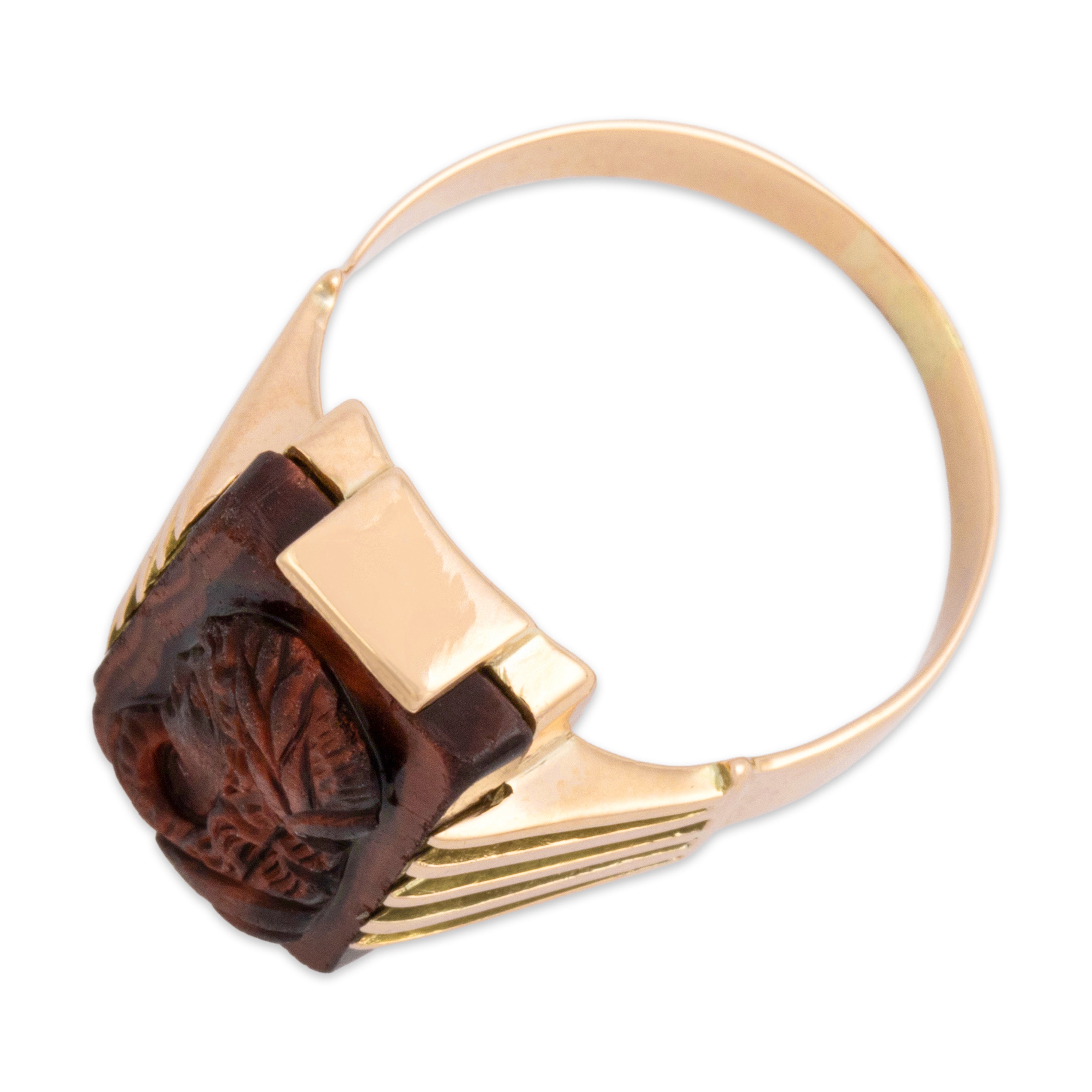 Antique 10k Rosy Yellow Gold Tiger's Eye Architectural Shoulder Carving Ring 7.00