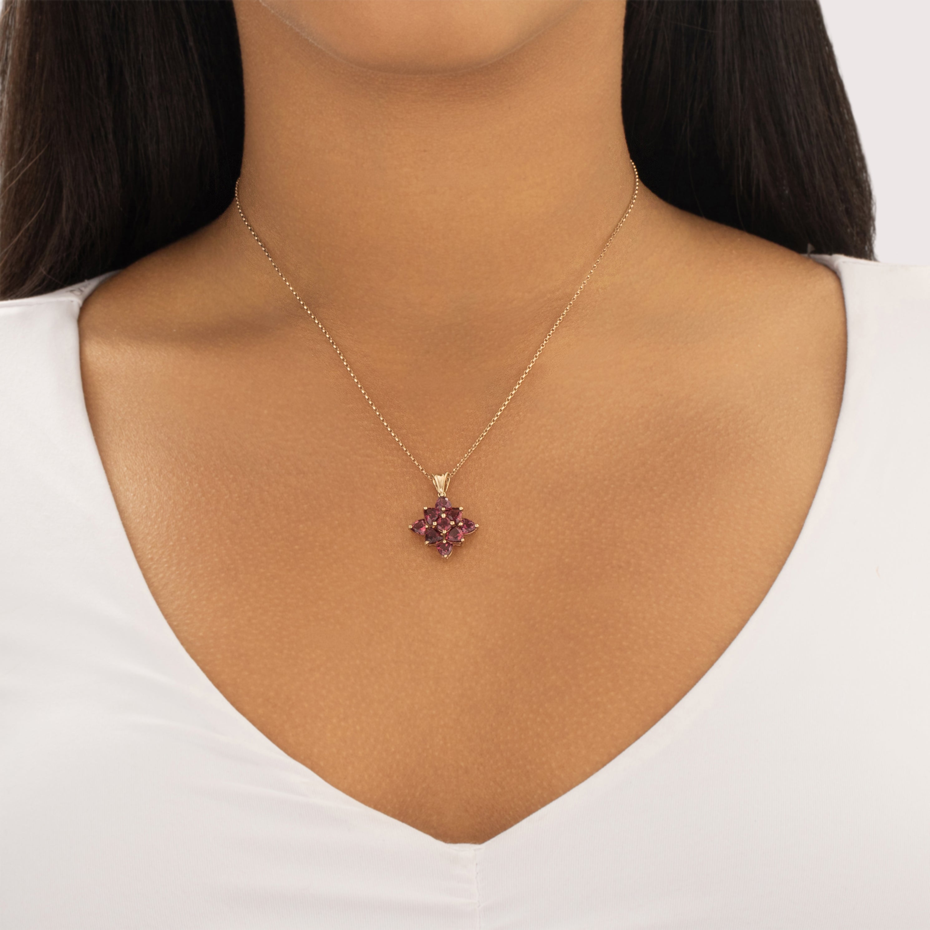 Vintage 10k Yellow Gold 3.55cttw Dark Pink Garnet Vibrant Berry Star Pendant - On model view