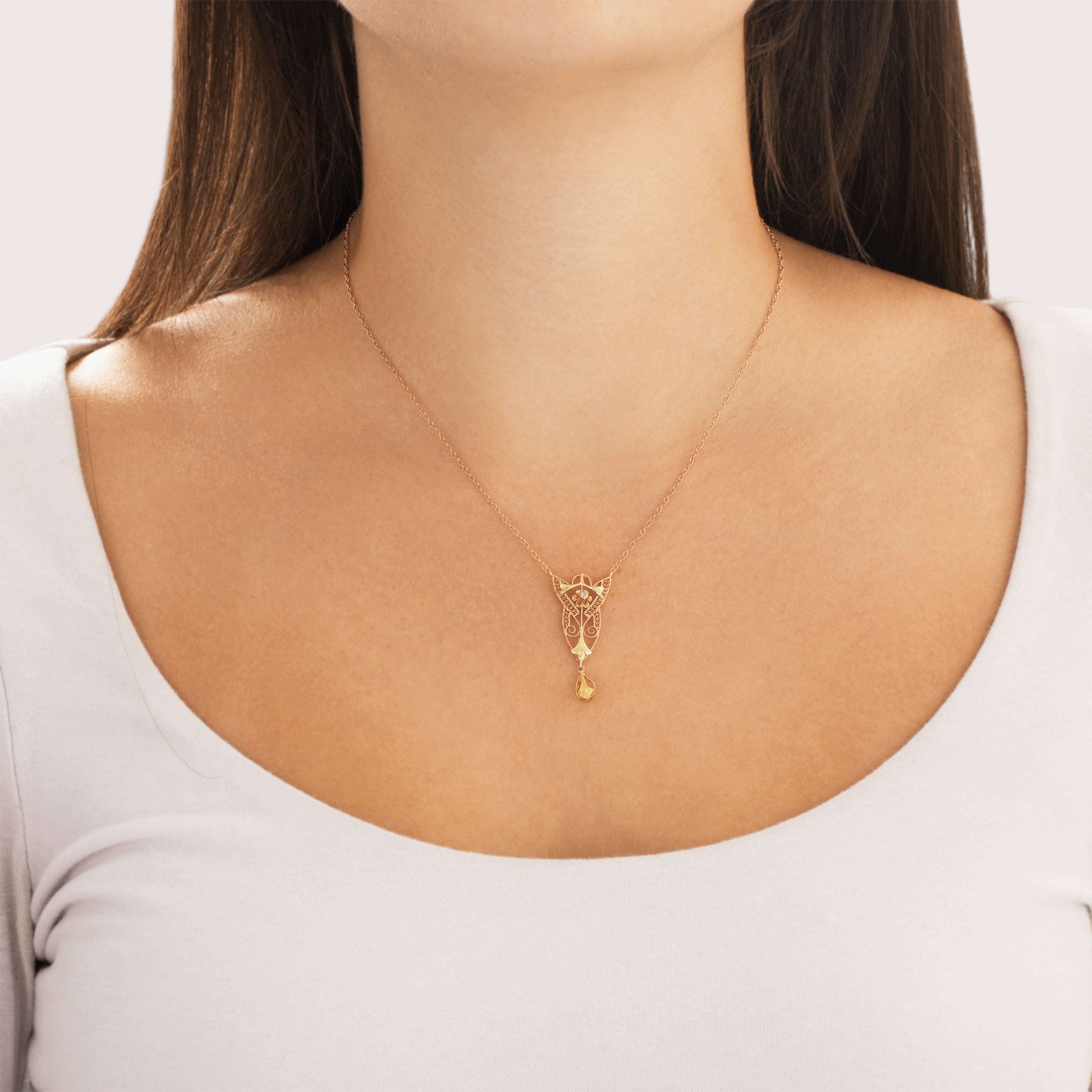 Antique 10k Rosy Yellow & Yellow Gold Diamond Delicate Lavalier Dangle Necklace - On model view