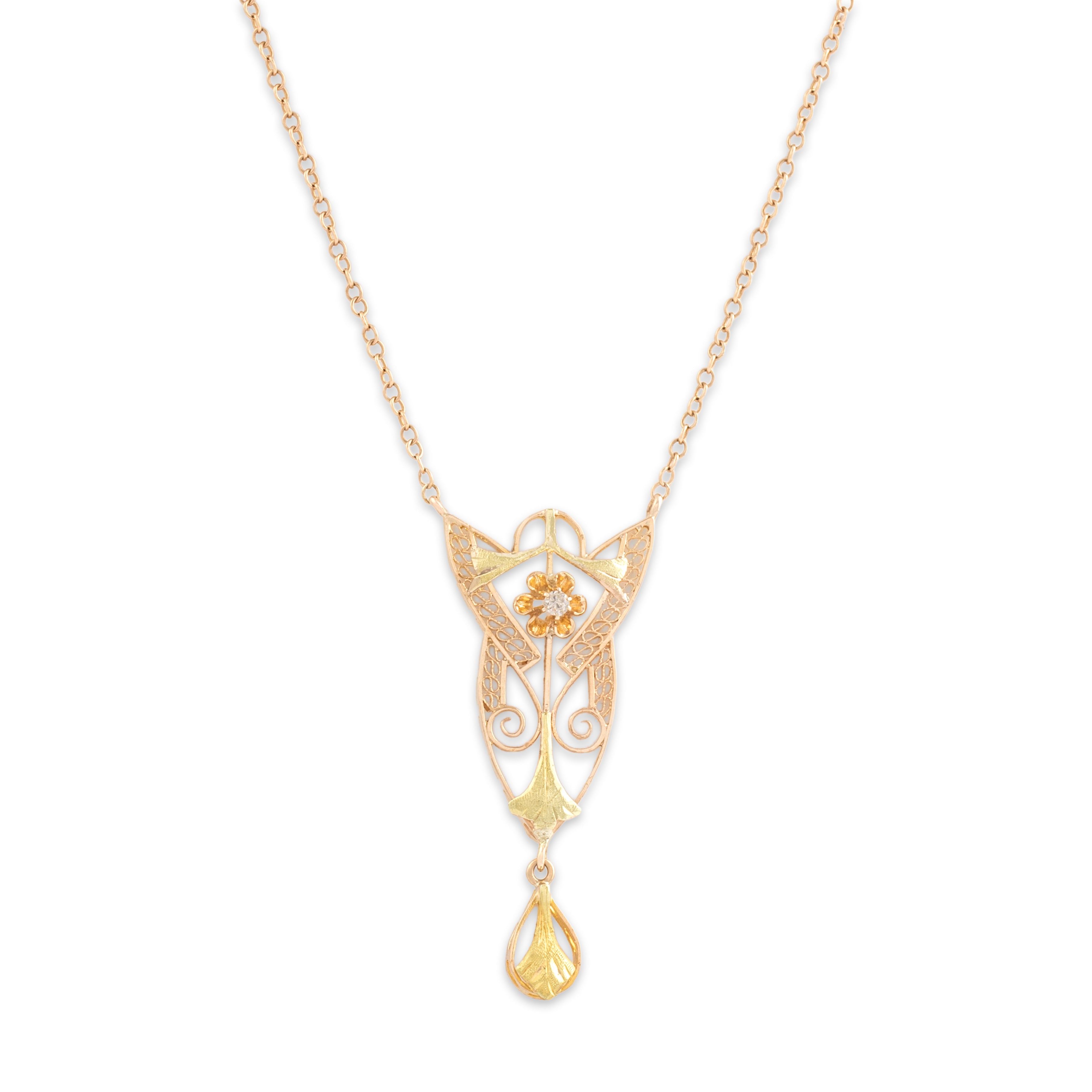 Antique 10k Rosy Yellow & Yellow Gold Diamond Delicate Lavalier Dangle Necklace - Close-up view