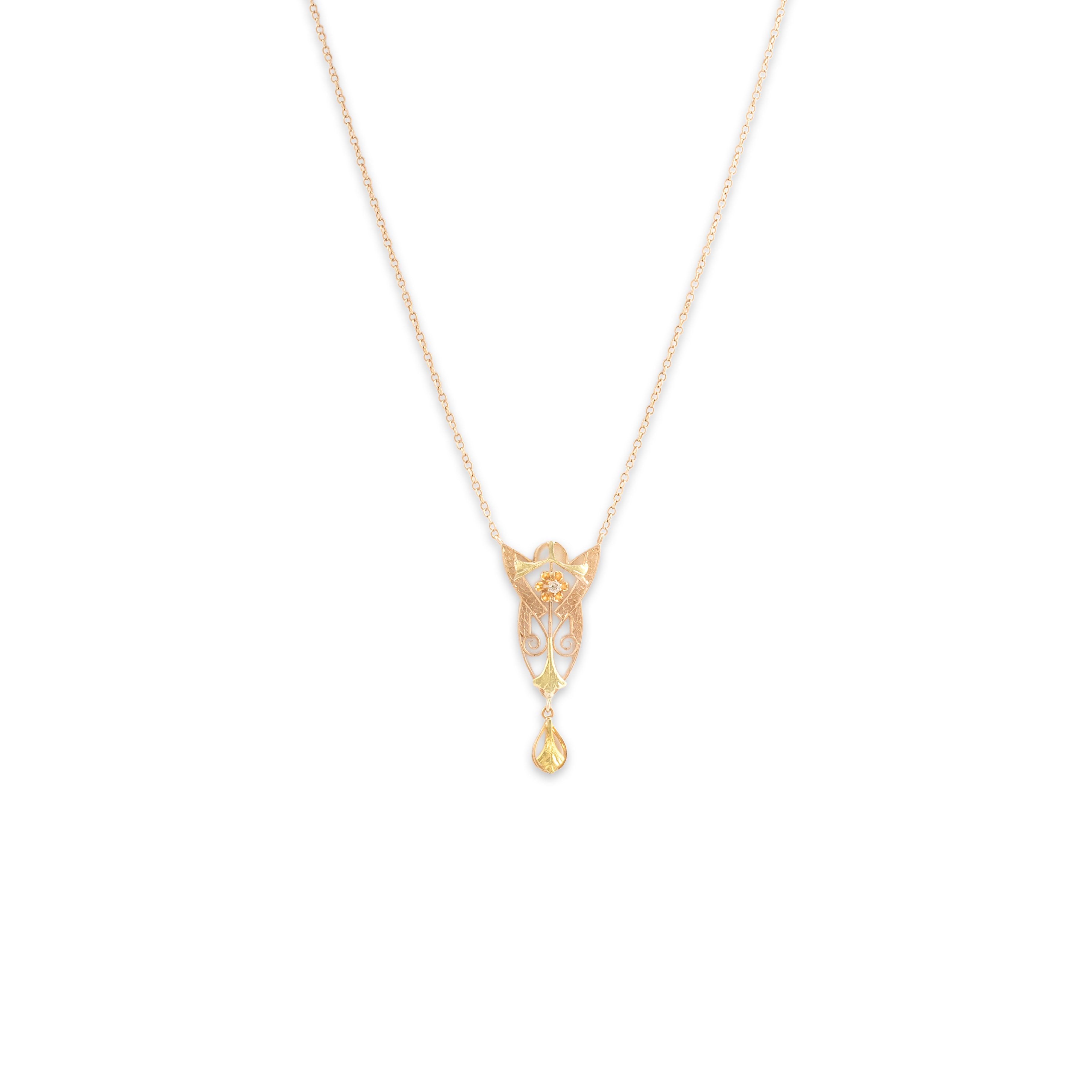 Antique 10k Rosy Yellow & Yellow Gold Diamond Delicate Lavalier Necklace 16.25