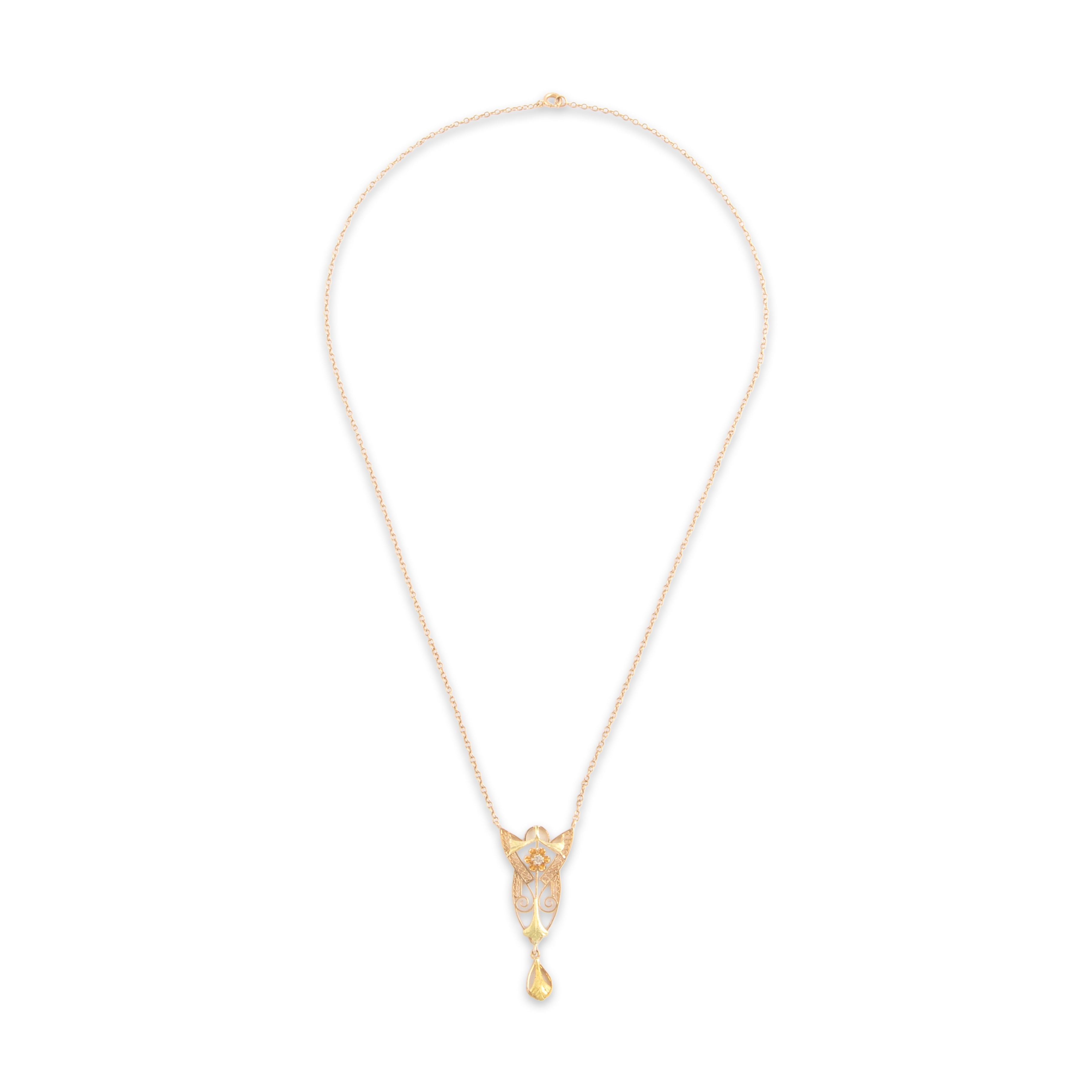 Antique 10k Rosy Yellow & Yellow Gold Diamond Delicate Lavalier Dangle Necklace - Overall view
