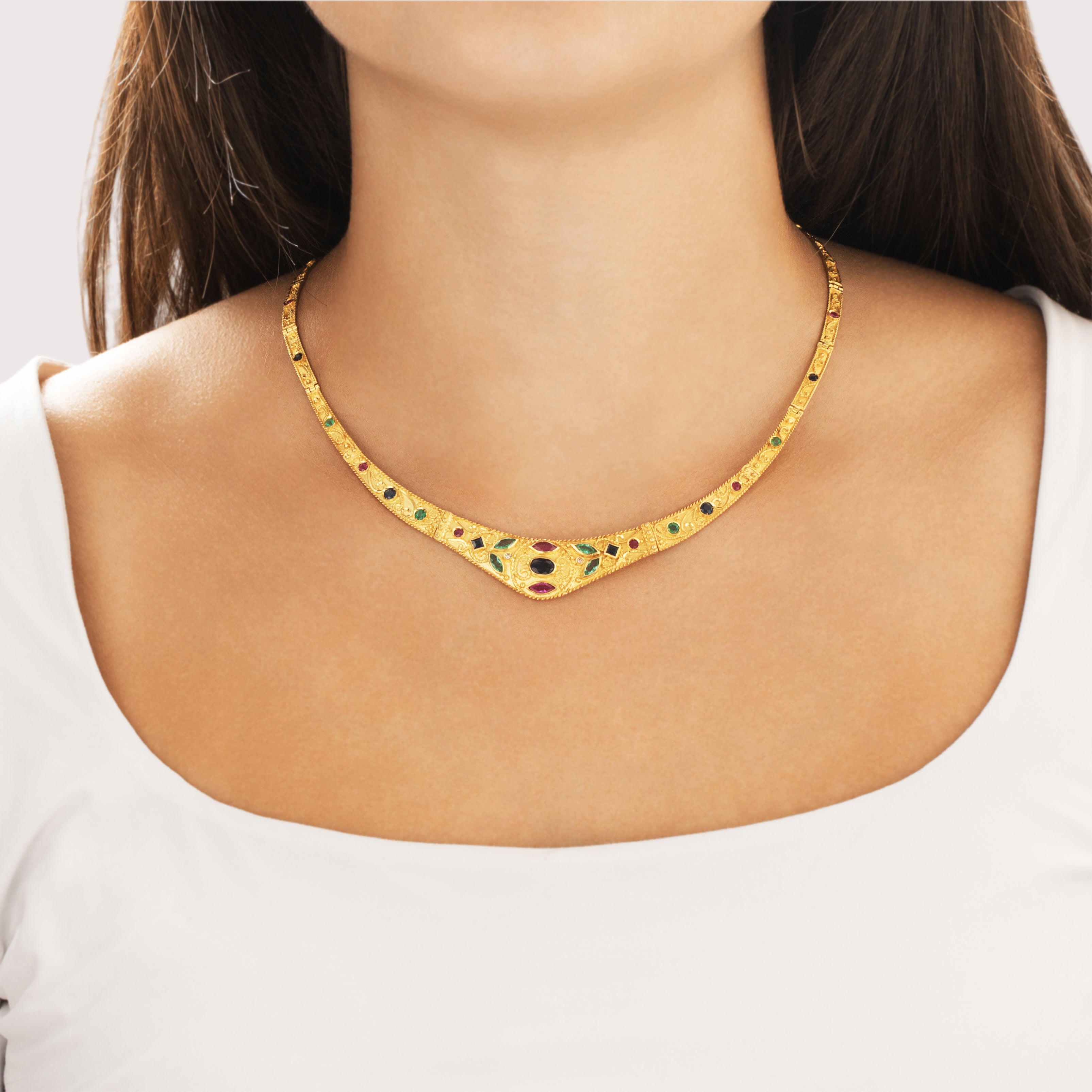 Vintage 18k Yellow Gold 1.07cttw Blue Sapphire .67cttw Ruby .64cttw Emerald Diamond Ornate Adorned Collar Necklace - On model view