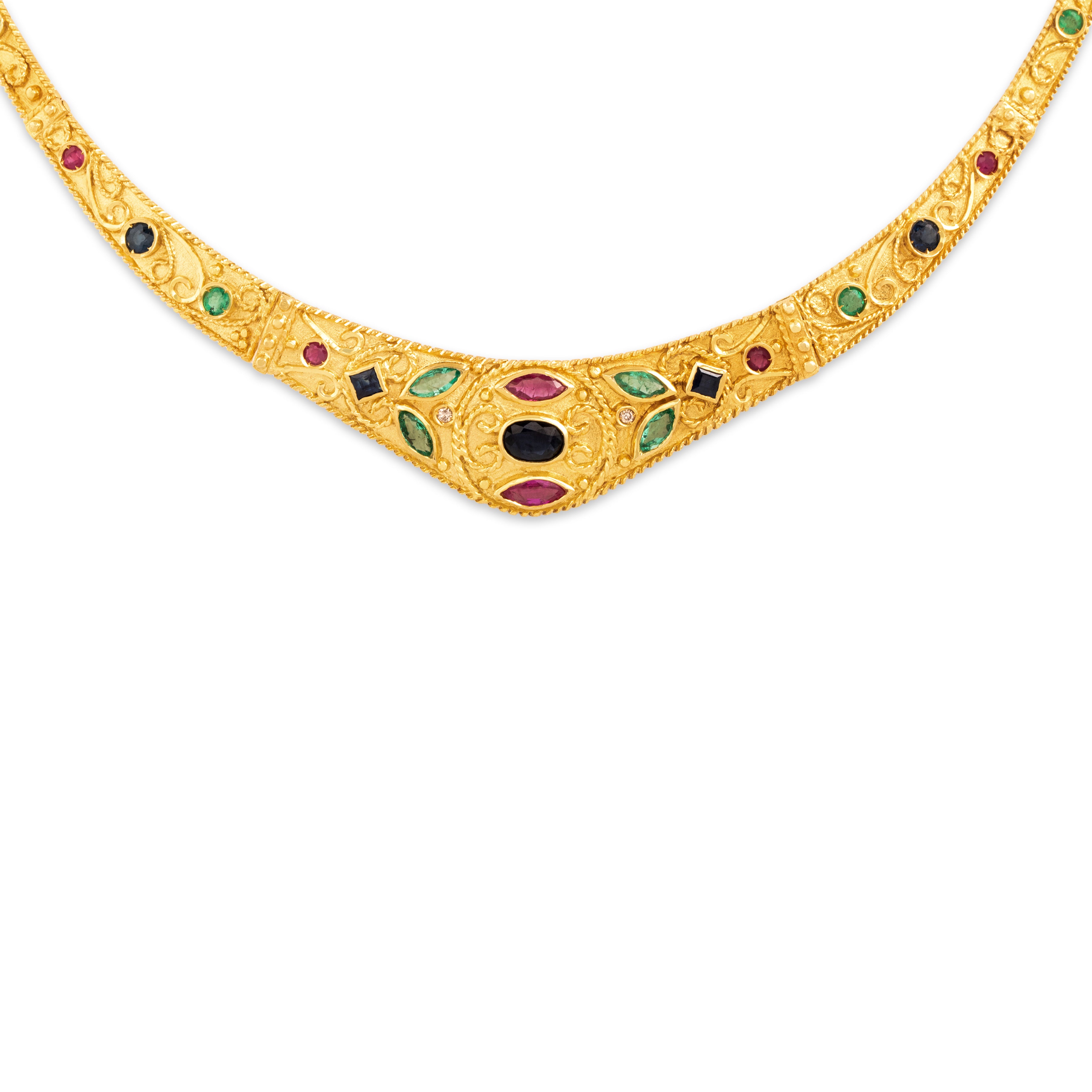 Vintage 18k Yellow Gold 1.07cttw Blue Sapphire .67cttw Ruby .64cttw Emerald Diamond Ornate Adorned Collar Necklace - detail view #1