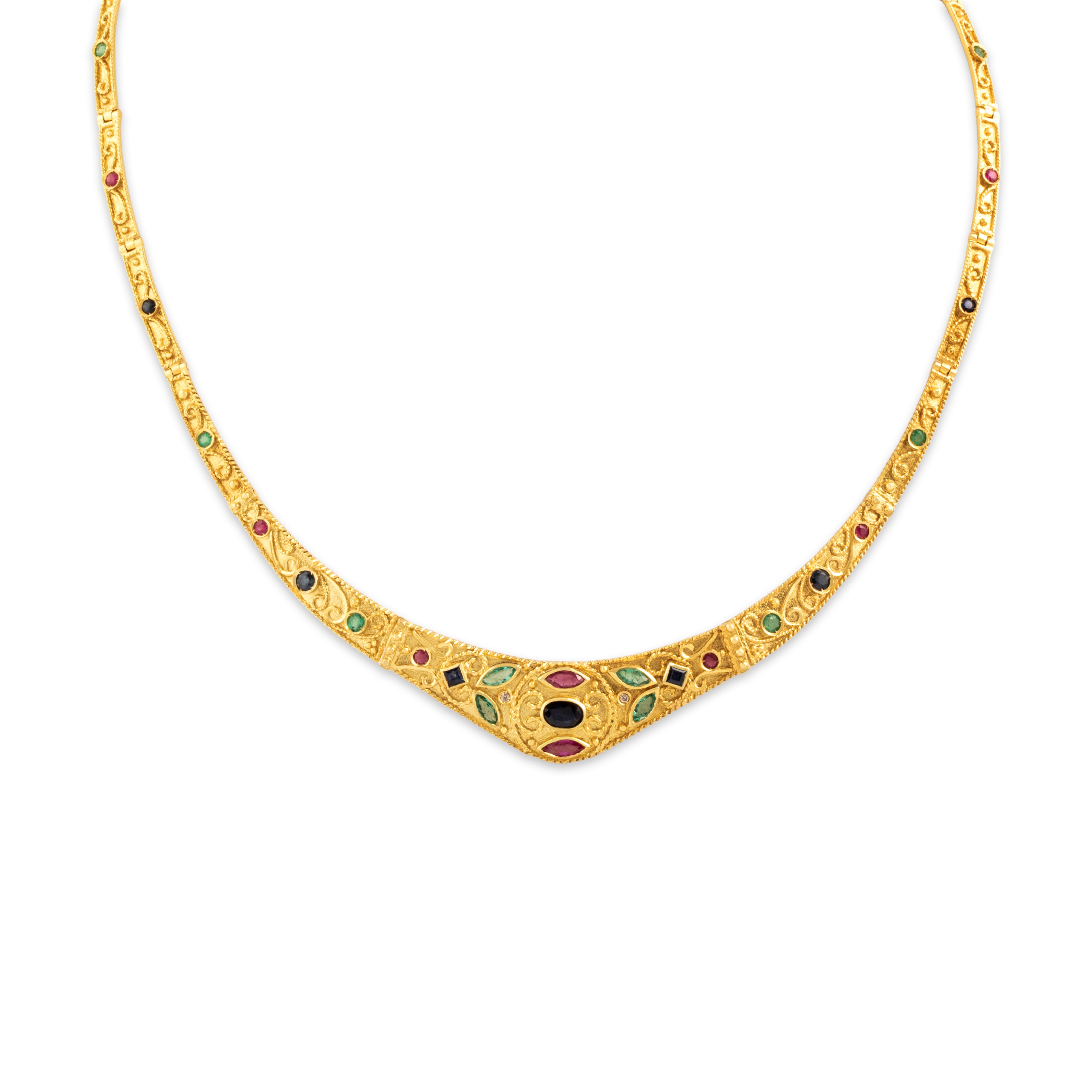 Vintage 18k Yellow Gold 1.07cttw Blue Sapphire .67cttw Ruby .64cttw Emerald Diamond Ornate Adorned Collar Necklace - Close-up view