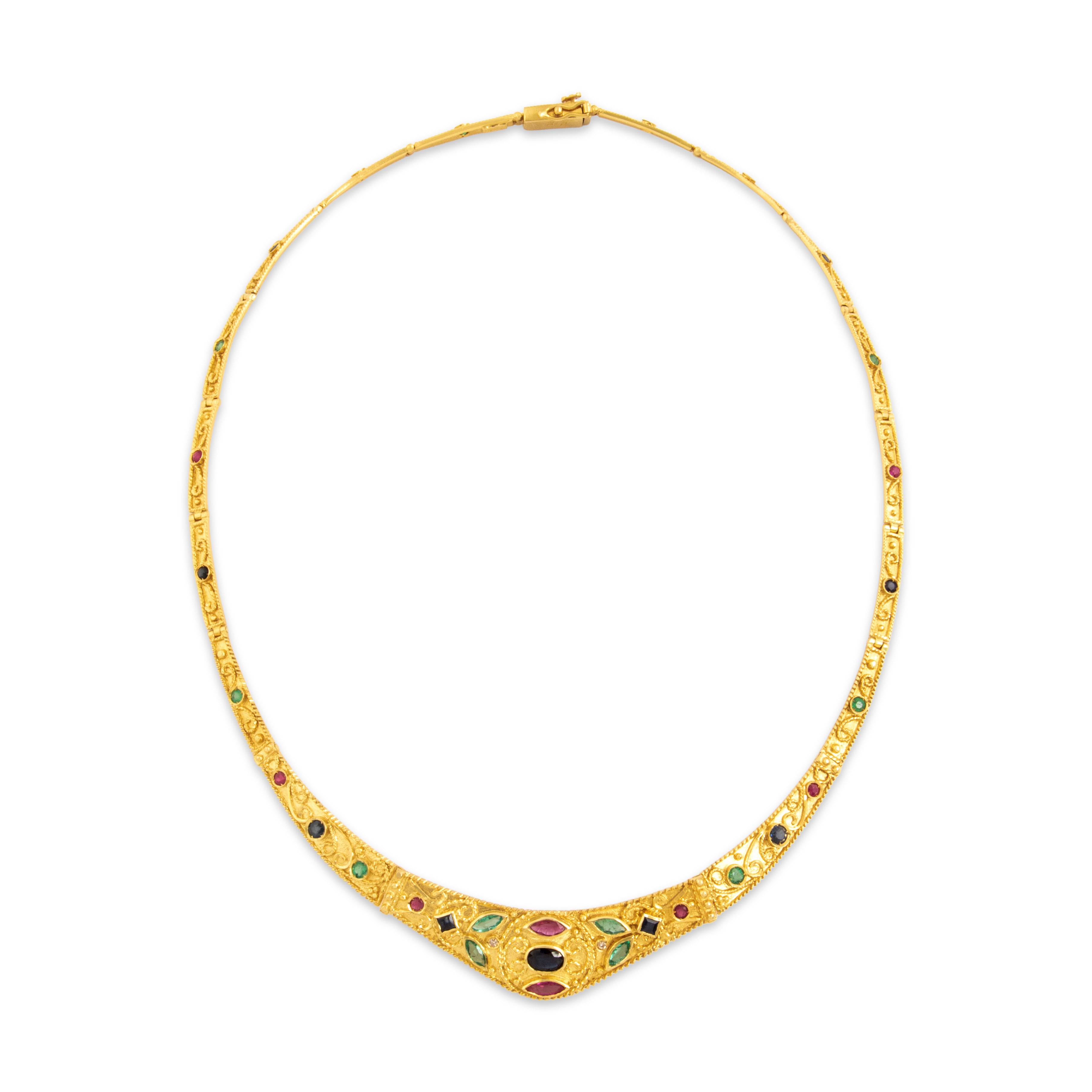 Vintage 18k Yellow Gold 1.07cttw Blue Sapphire .67cttw Ruby .64cttw Emerald Diamond Ornate Adorned Collar Necklace - Overall view
