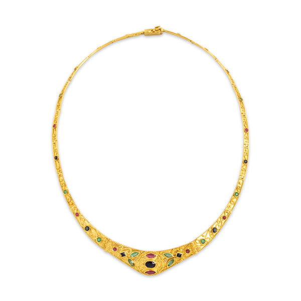 Vintage 18k Yellow Gold Multi-Stone Ornate Adorned Collar Necklace 15.75