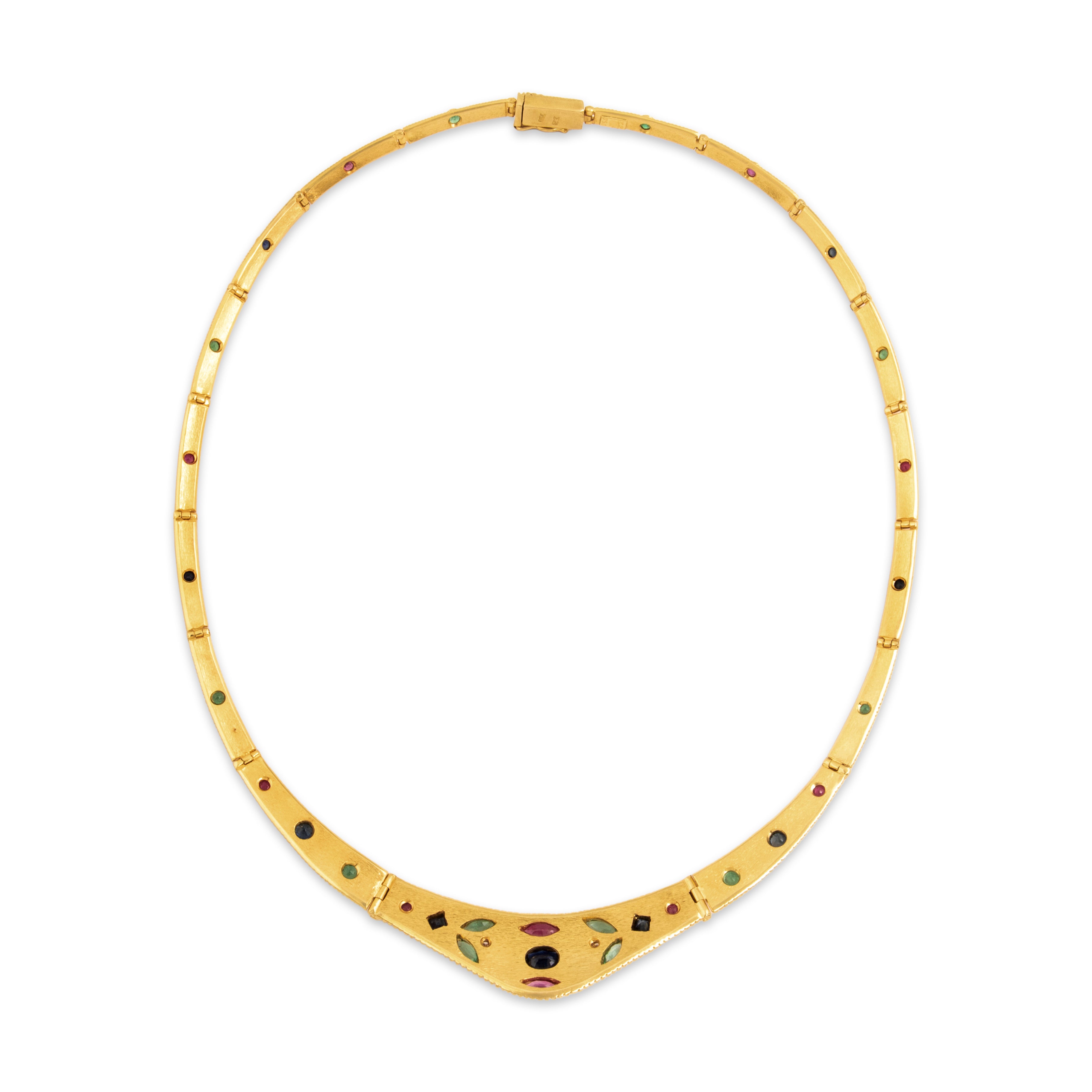 Vintage 18k Yellow Gold 1.07cttw Blue Sapphire .67cttw Ruby .64cttw Emerald Diamond Ornate Adorned Collar Necklace - Overall view