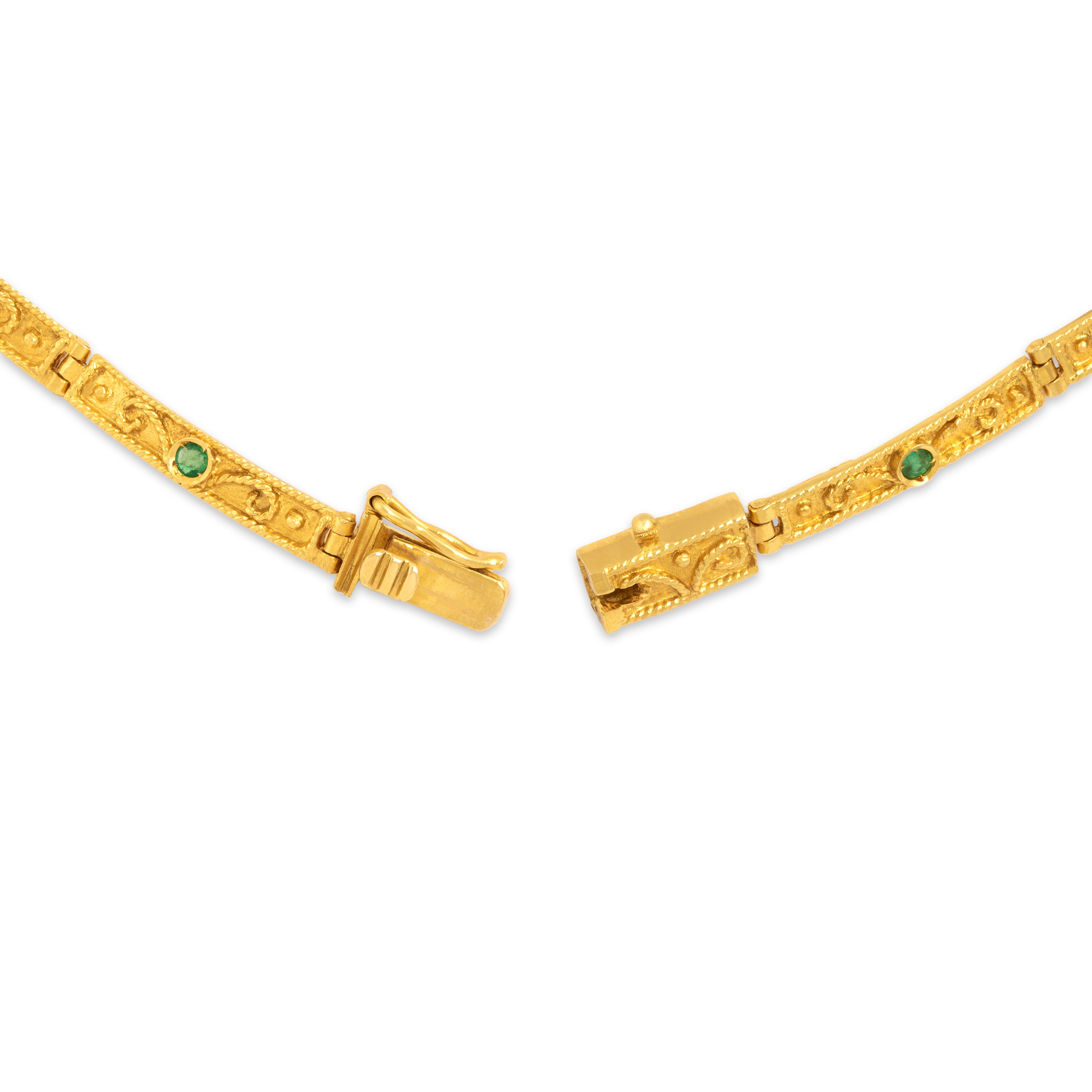 Vintage 18k Yellow Gold 1.07cttw Blue Sapphire .67cttw Ruby .64cttw Emerald Diamond Ornate Adorned Collar Necklace - clasp view