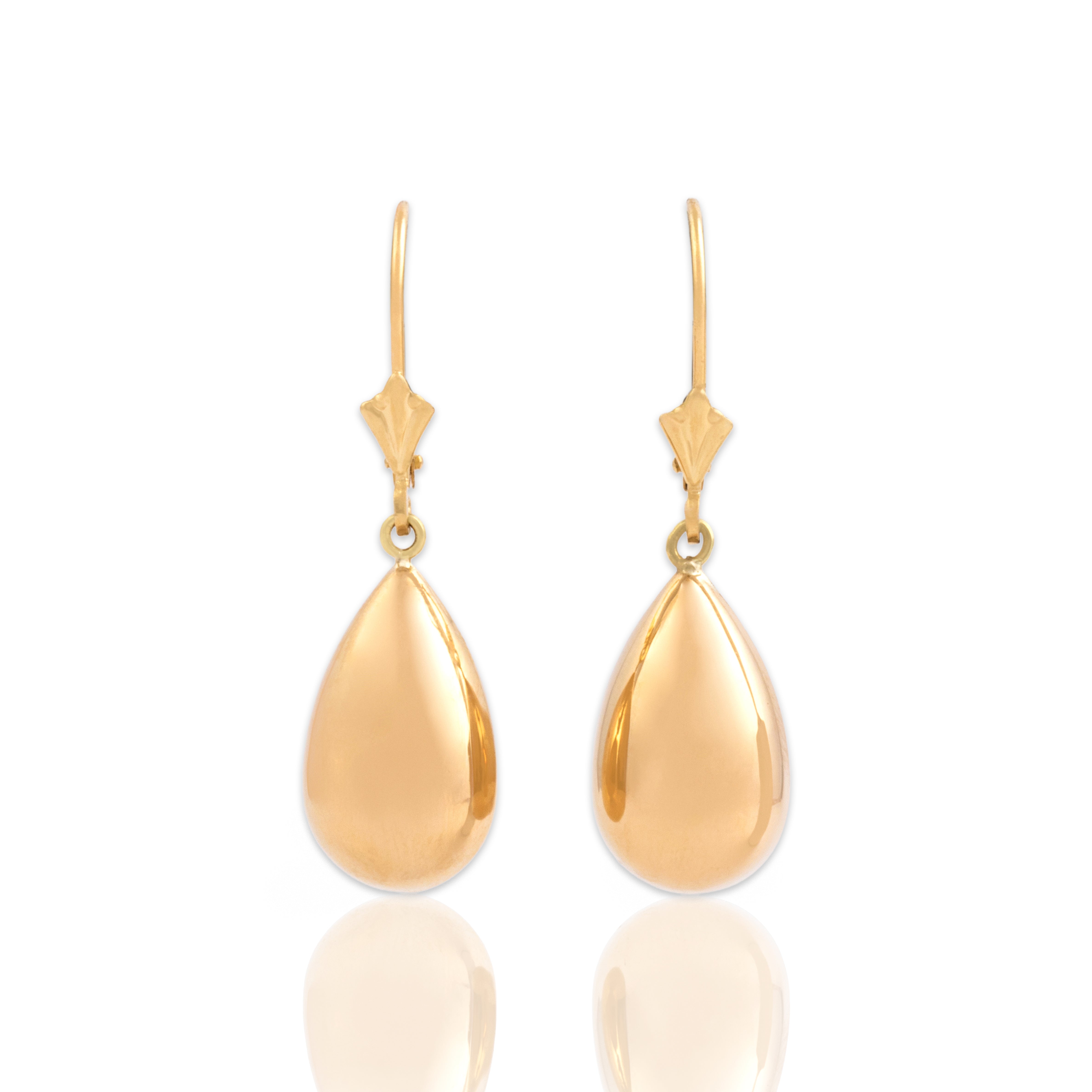 Vintage Lightweight 18k Yellow Gold Teardrop Dangle Lever Back Earrings - Close-up view