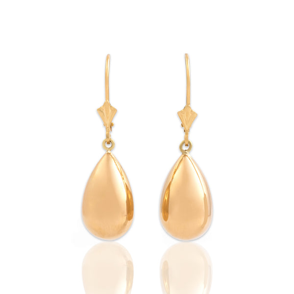 Vintage Lightweight 18k Yellow Gold Teardrop Dangle Lever Back Earrings - Close-up view