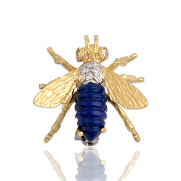 Vintage 18k Yellow & White Gold 1.43ct Lapis Lazuli Diamond Insect Brooch / Pin