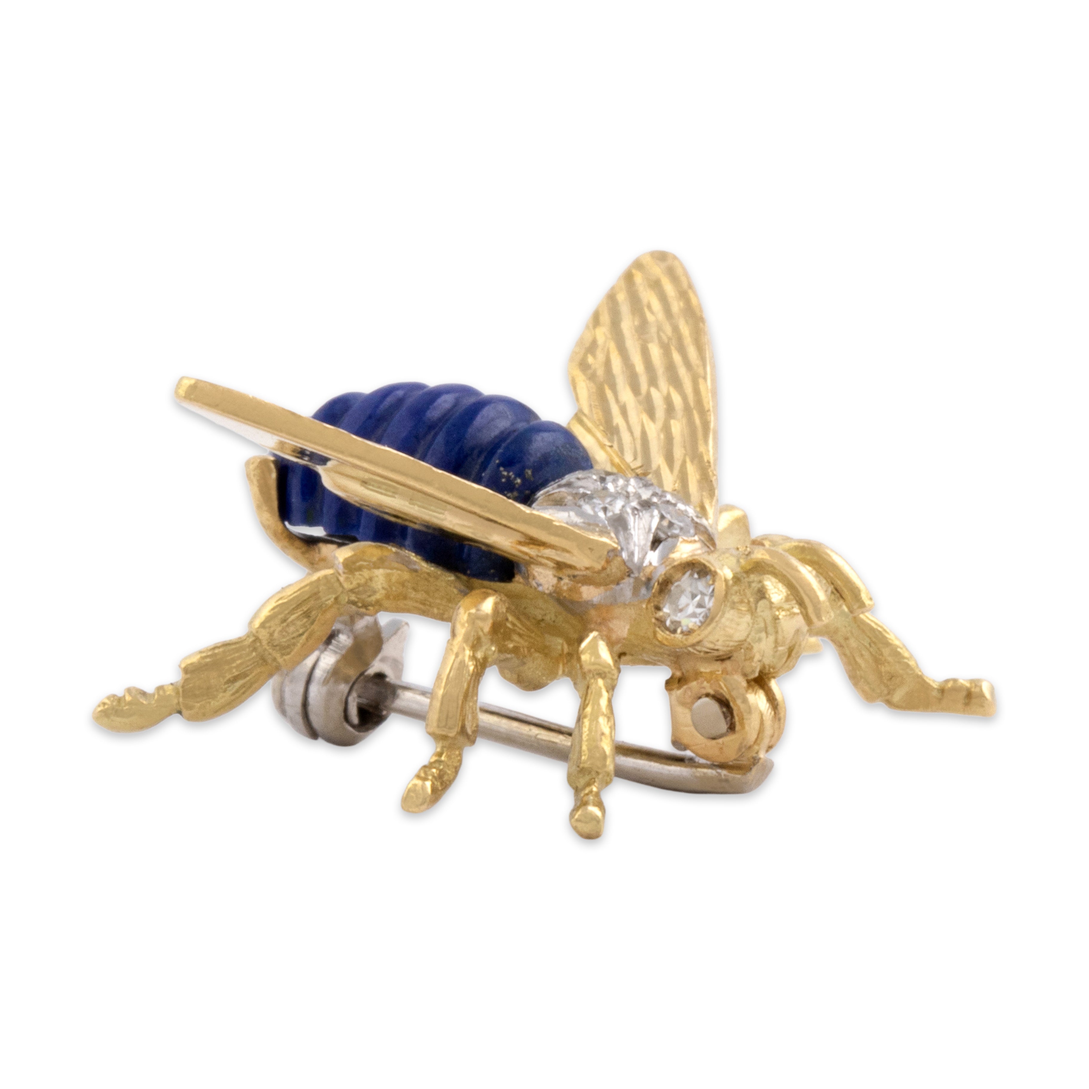 Vintage 18k Yellow & White Gold 1.43ct Lapis Lazuli Diamond Detailed Banded Insect Brooch / Pin - Side view