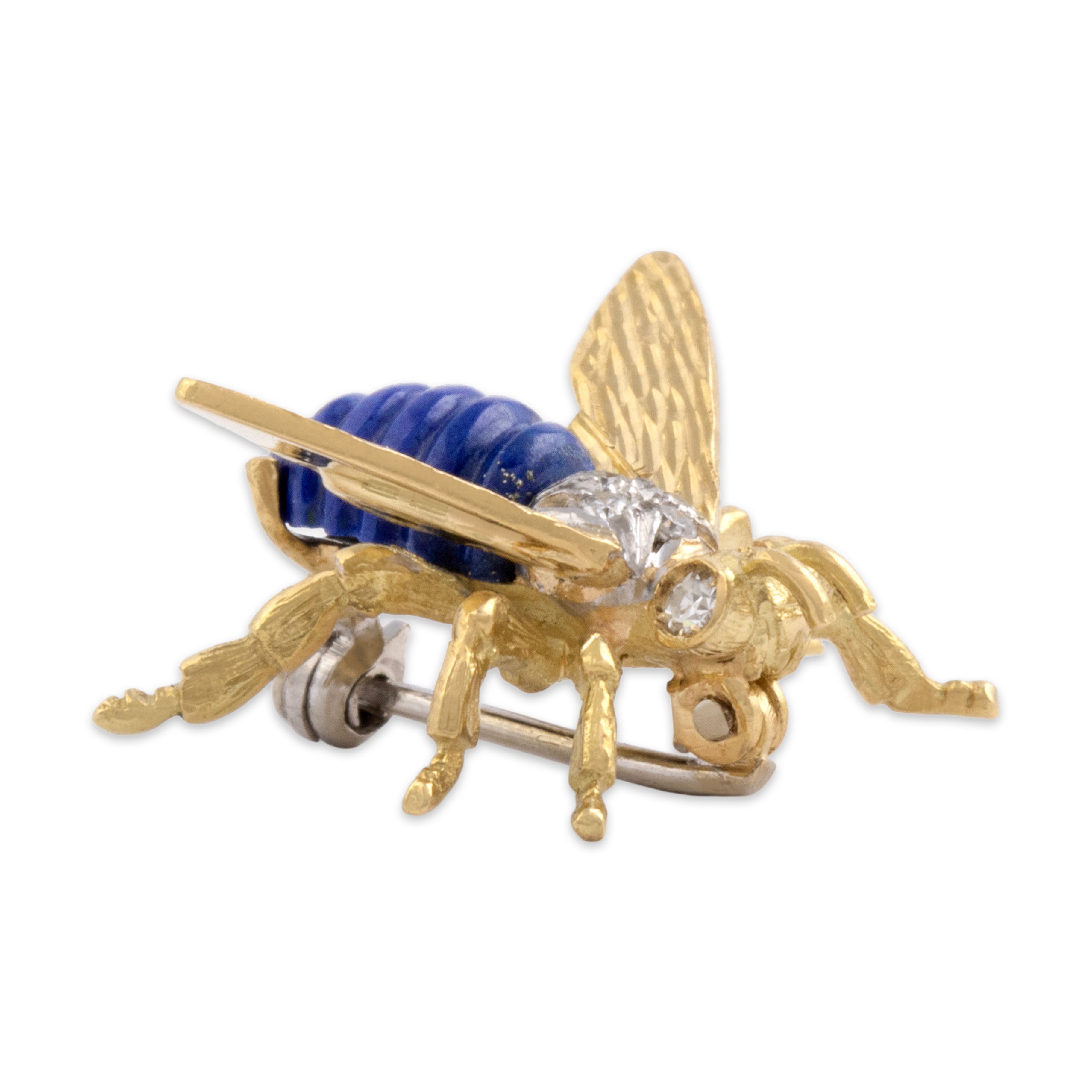 Vintage 18k Yellow & White Gold 1.43ct Lapis Lazuli Diamond Insect Brooch / Pin