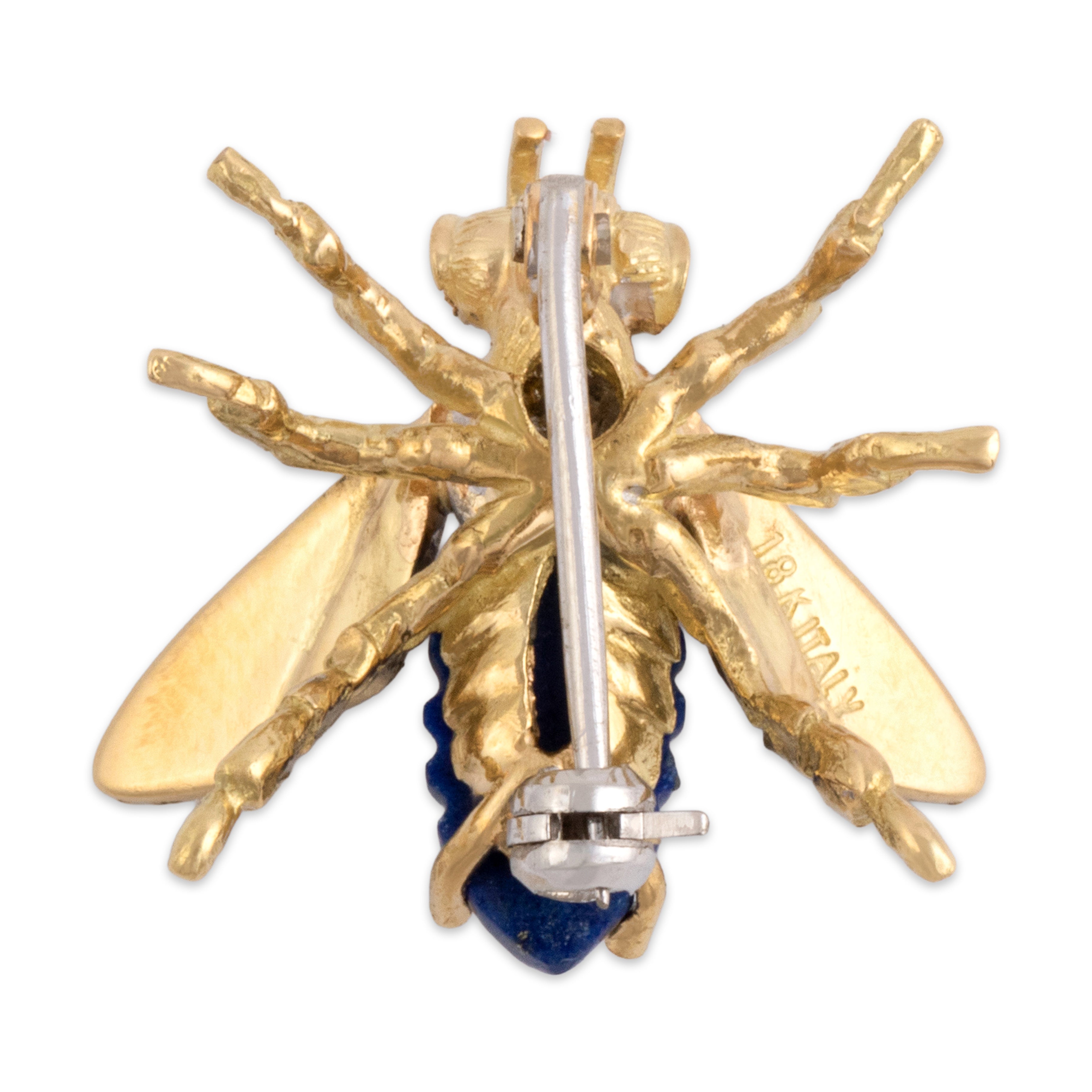 Vintage 18k Yellow & White Gold 1.43ct Lapis Lazuli Diamond Detailed Banded Insect Brooch / Pin - detail view #2