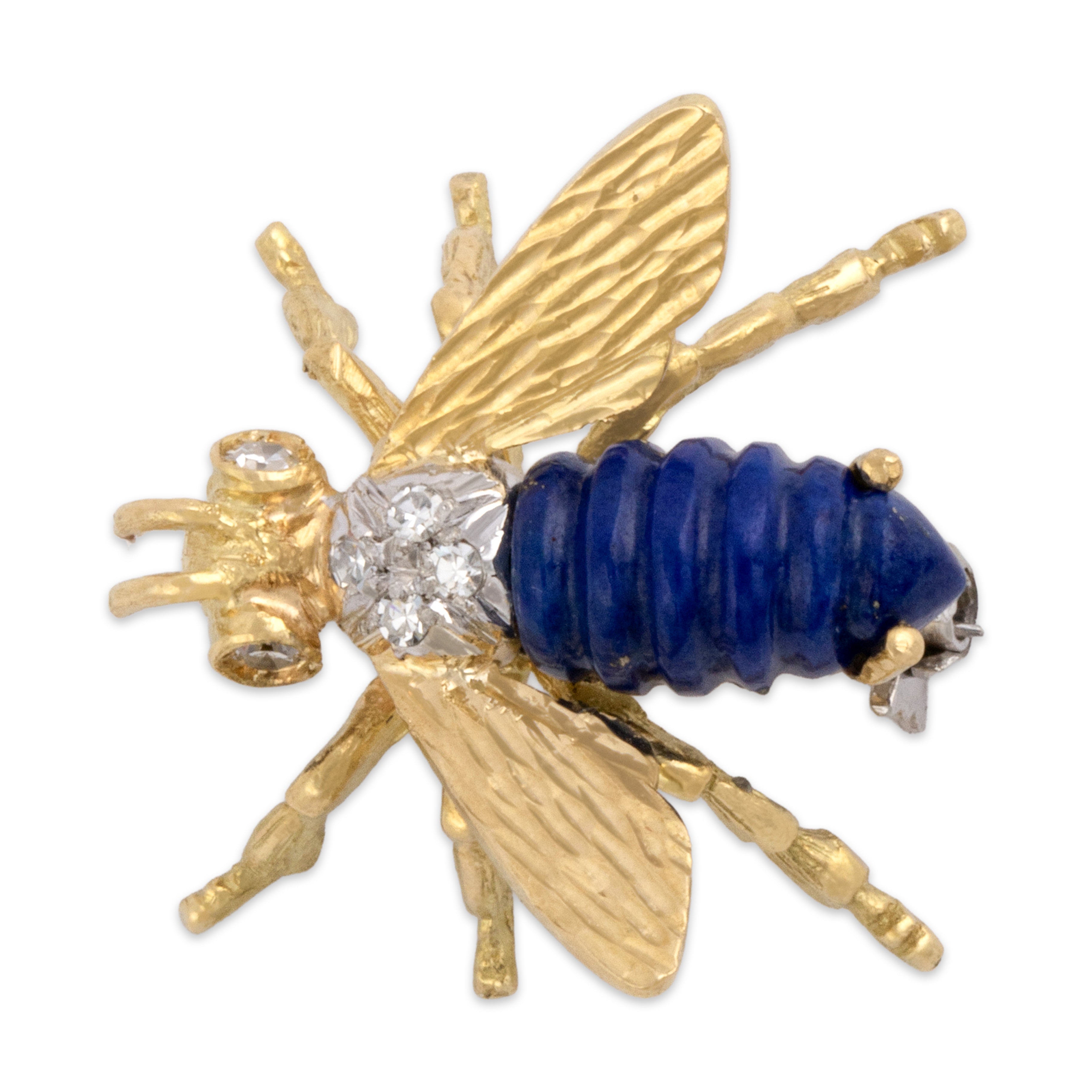 Vintage 18k Yellow & White Gold 1.43ct Lapis Lazuli Diamond Detailed Banded Insect Brooch / Pin - detail view #1