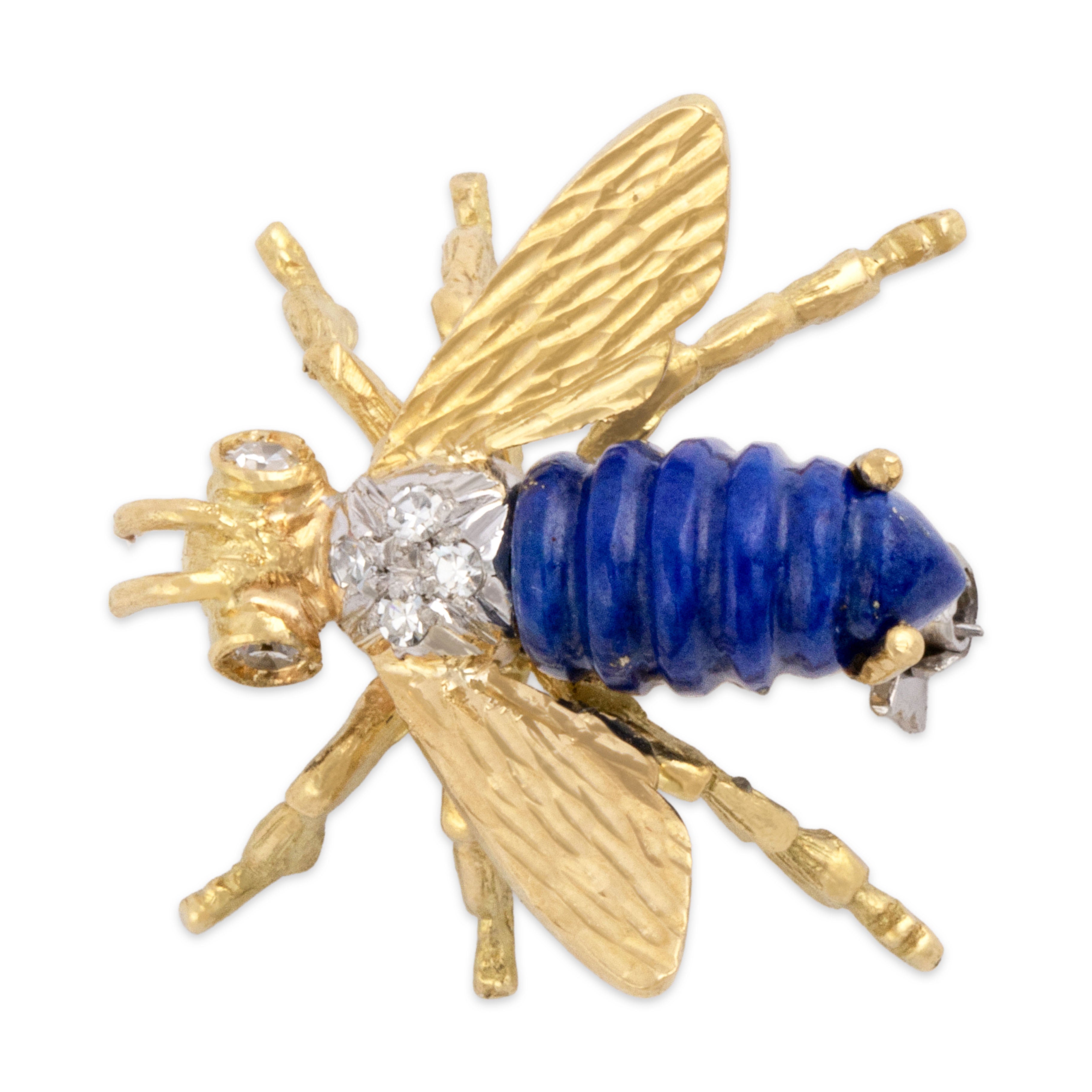 Vintage 18k Yellow & White Gold 1.43ct Lapis Lazuli Diamond Insect Brooch / Pin