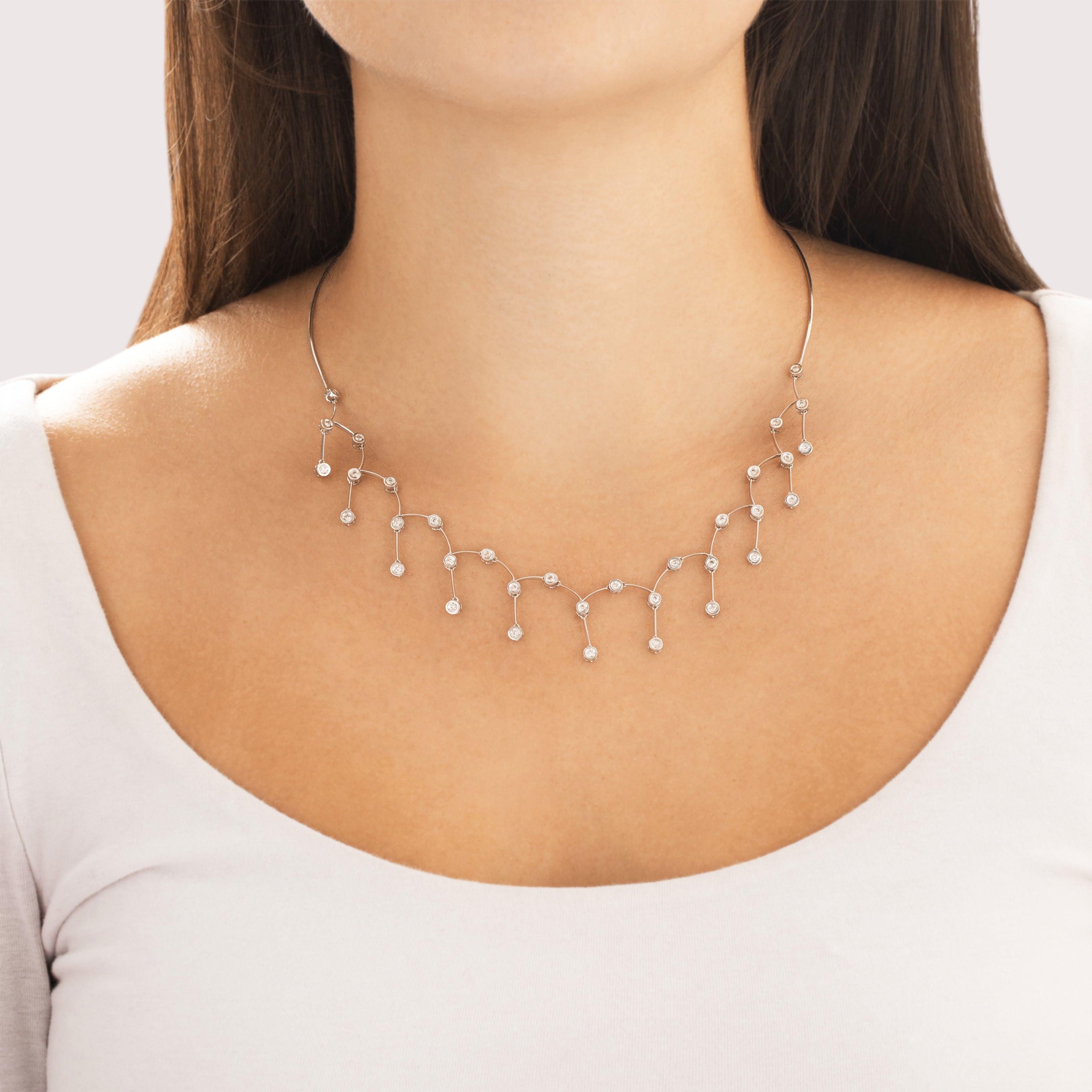 Vintage 14k White Gold .54cttw Diamond Brilliant Chandelier Dangle Necklace - On model view