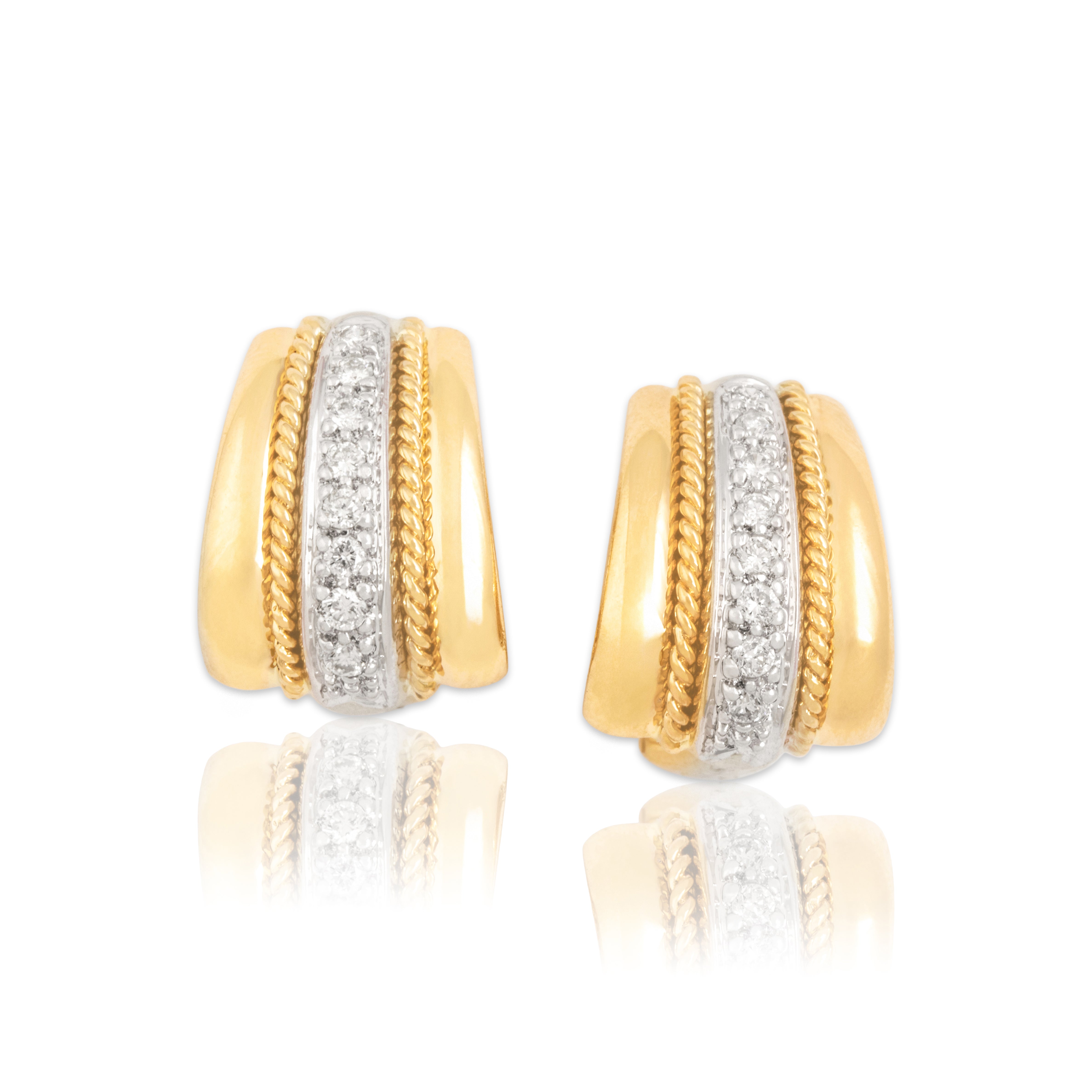 Vintage 14k Yellow & White Gold Diamond Chic Two Tone Rope Omega Back Earrings