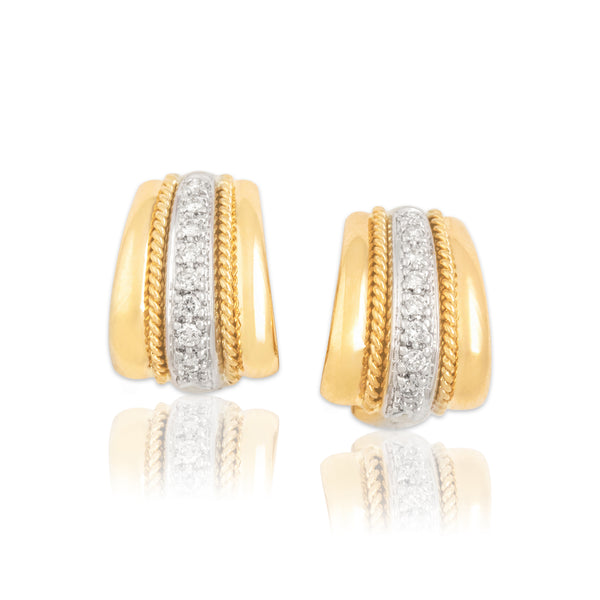 Vintage 14k Yellow & White Gold Diamond Chic Two Tone Rope Omega Back Earrings