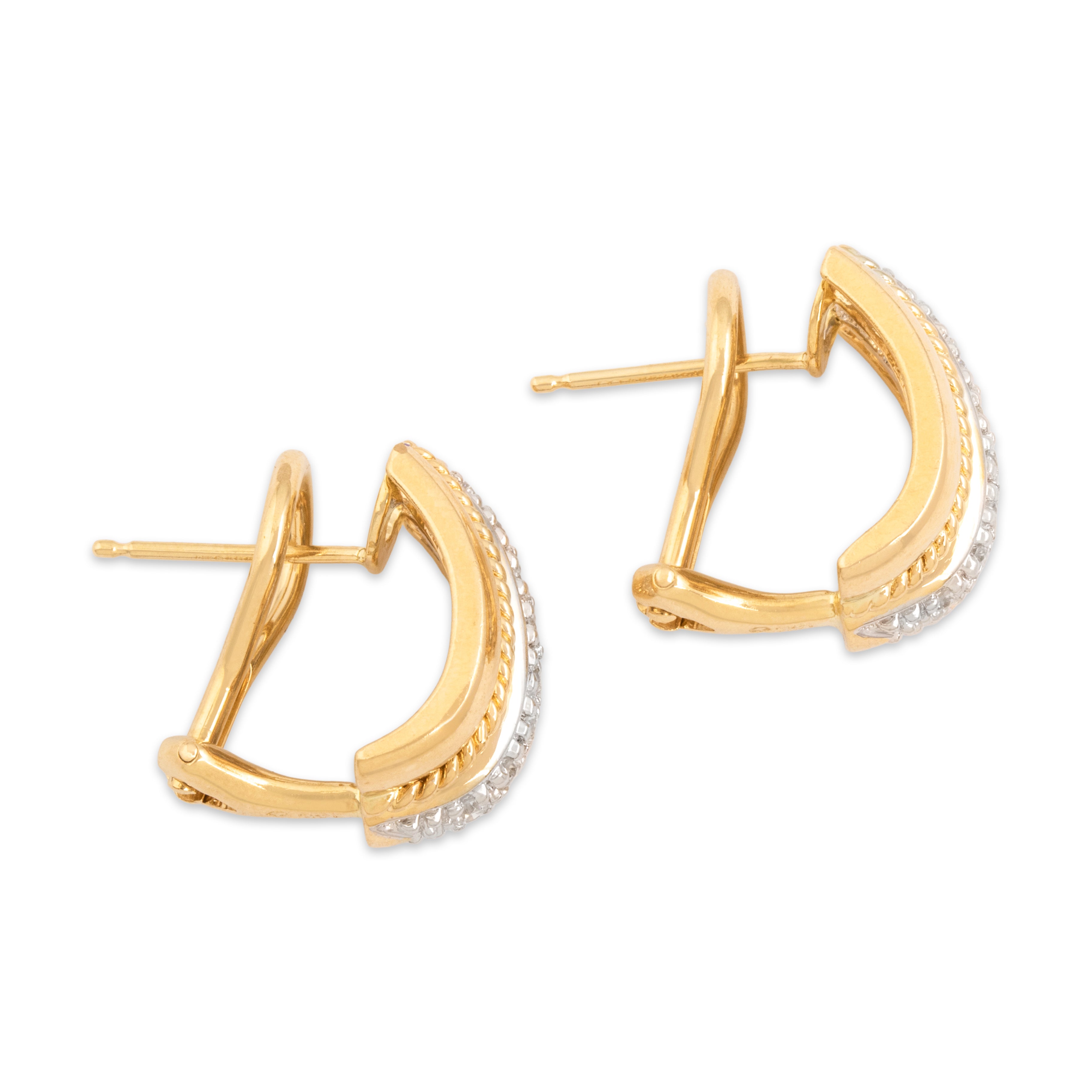 Vintage 14k Yellow & White Gold Diamond Chic Two Tone Twisted Rope Omega Back Earrings - Side view