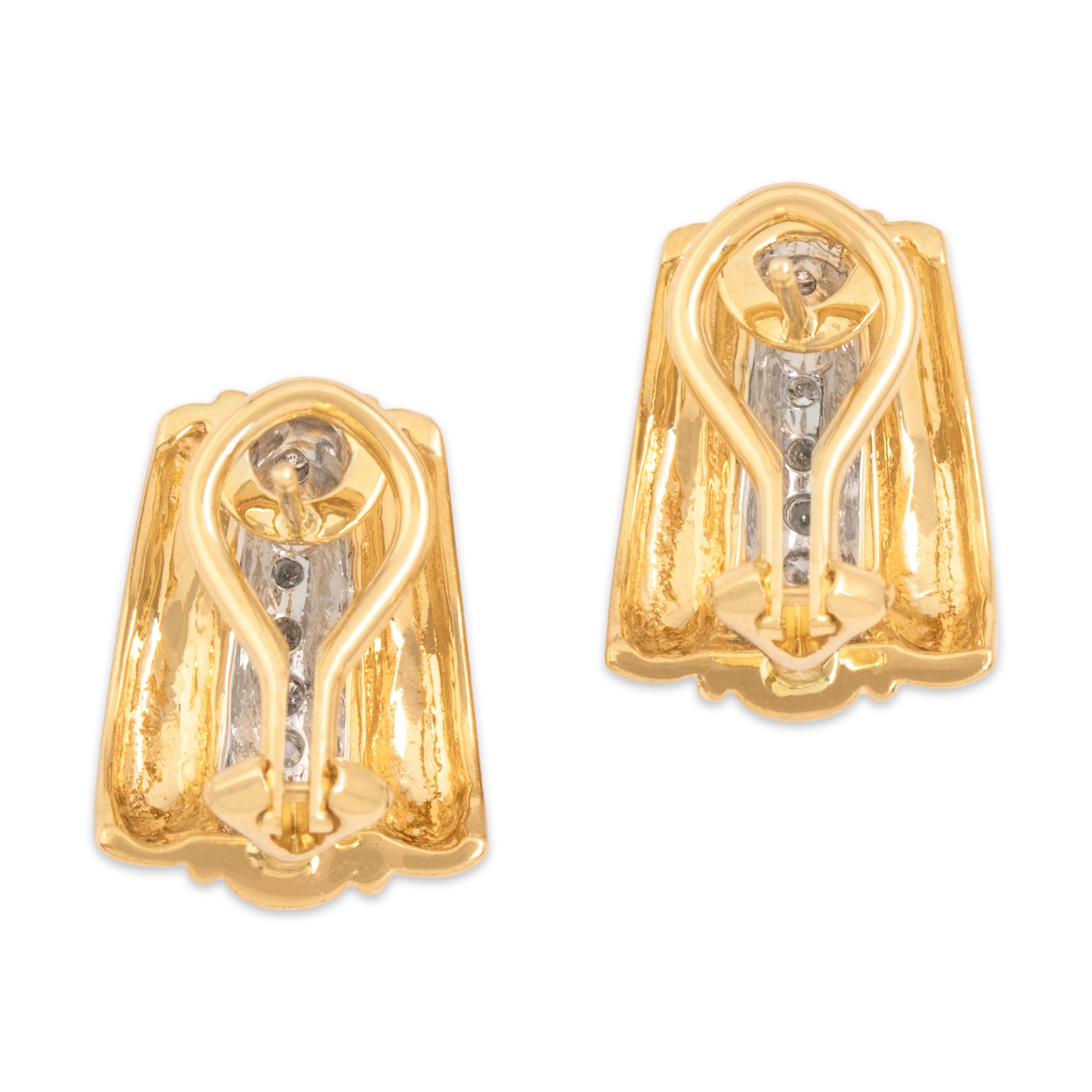 Vintage 14k Yellow & White Gold Diamond Chic Two Tone Twisted Rope Omega Back Earrings - Back view