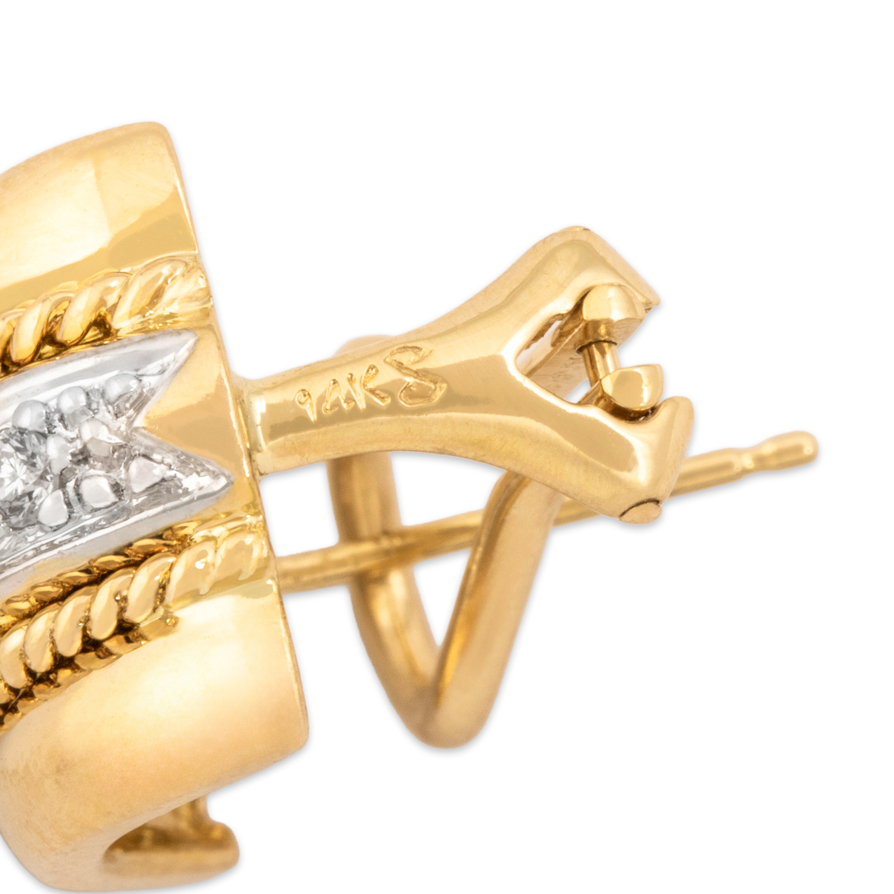 Vintage 14k Yellow & White Gold Diamond Chic Two Tone Twisted Rope Omega Back Earrings - Hallmark view
