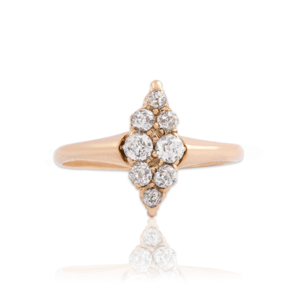Antique Small 14k Rosy Yellow Gold Old Mine Cut Diamond Navette Cluster Ring 5.00