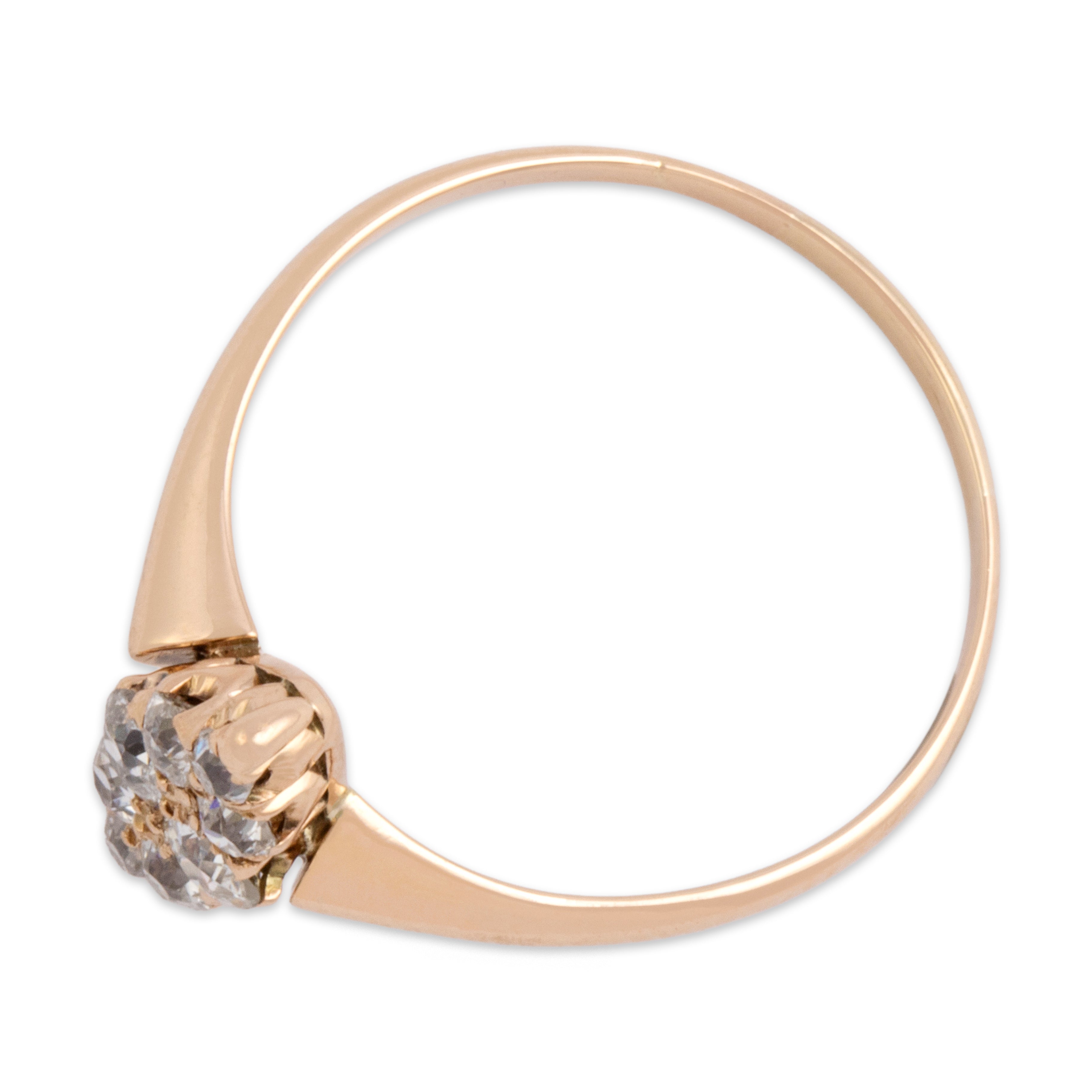 Antique Small 14k Rosy Yellow Gold Old Mine Cut Diamond Navette Cluster Ring - Overall view