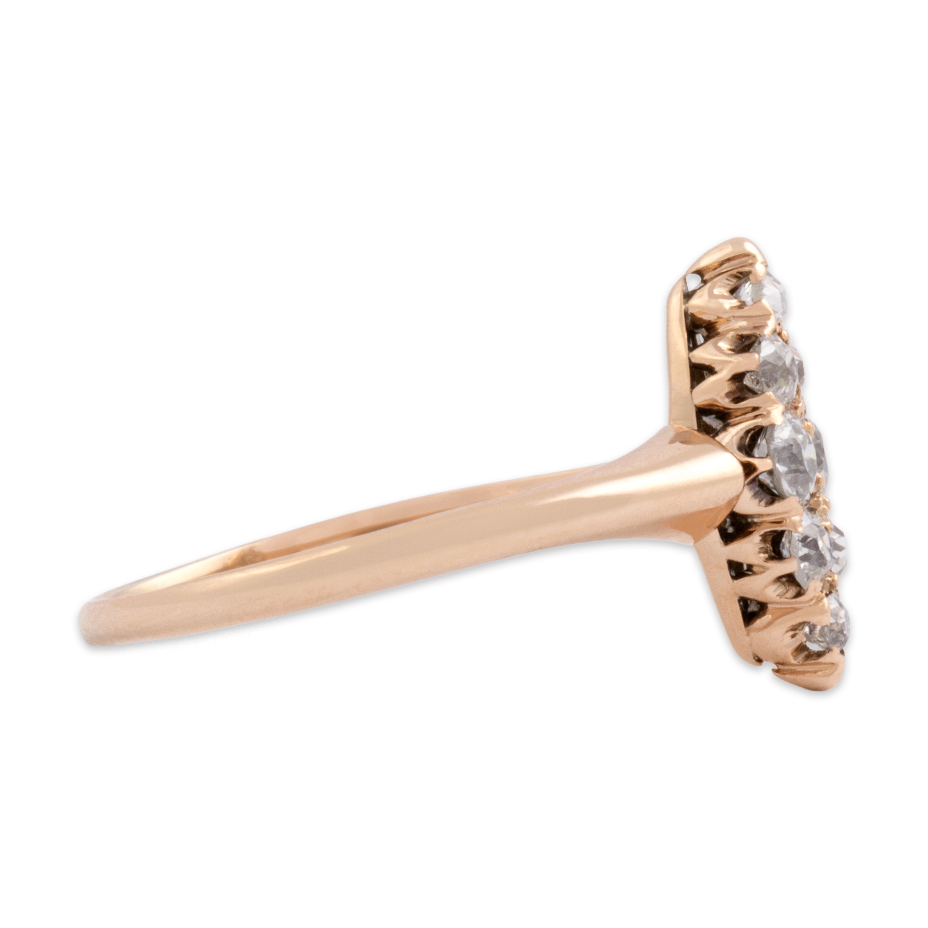 Antique Small 14k Rosy Yellow Gold Old Mine Cut Diamond Navette Cluster Ring - Side view