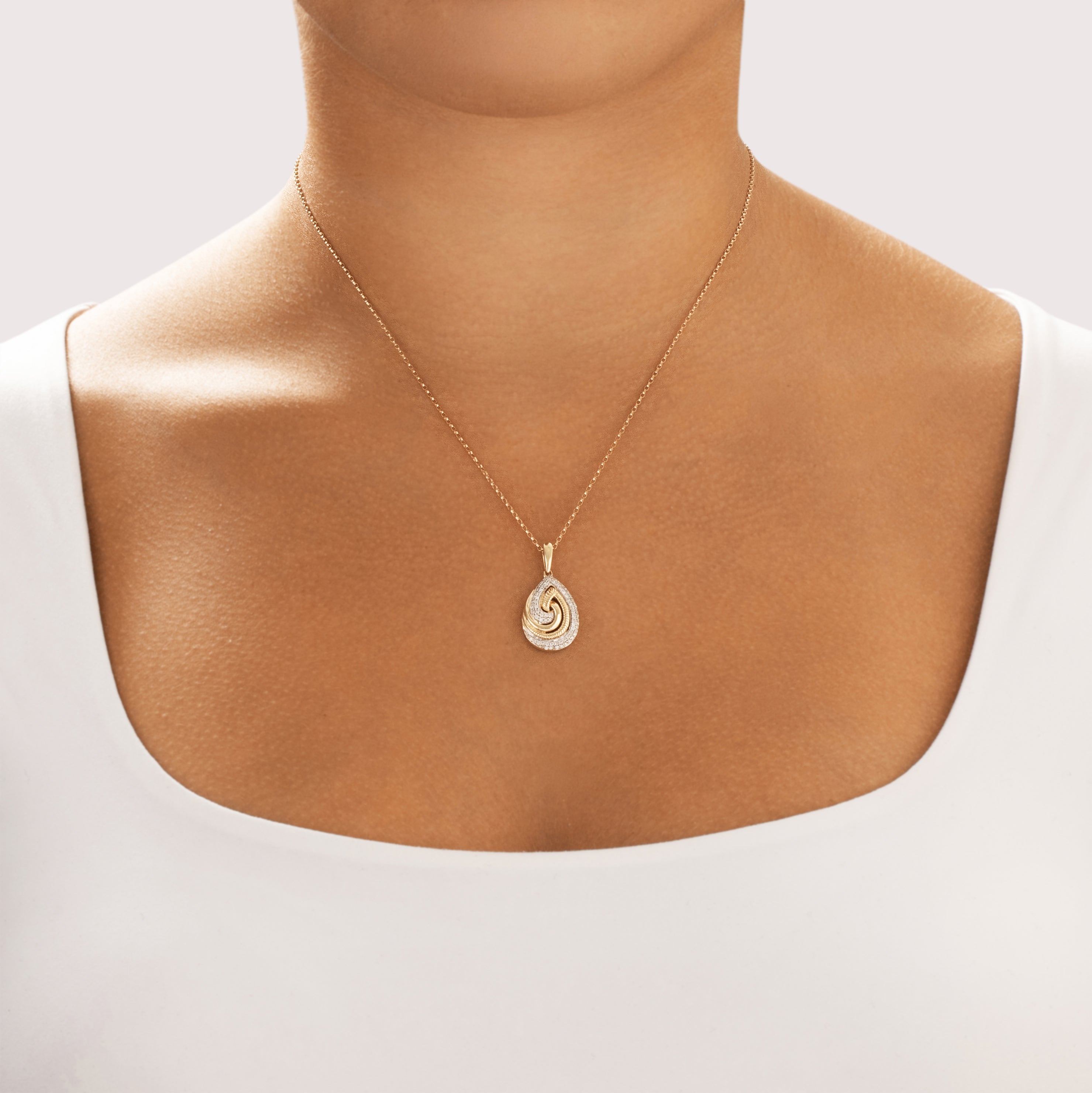 Estate 14k Yellow Gold Diamond Teardrop Textured Pavã© Swirl Pendant - On model view