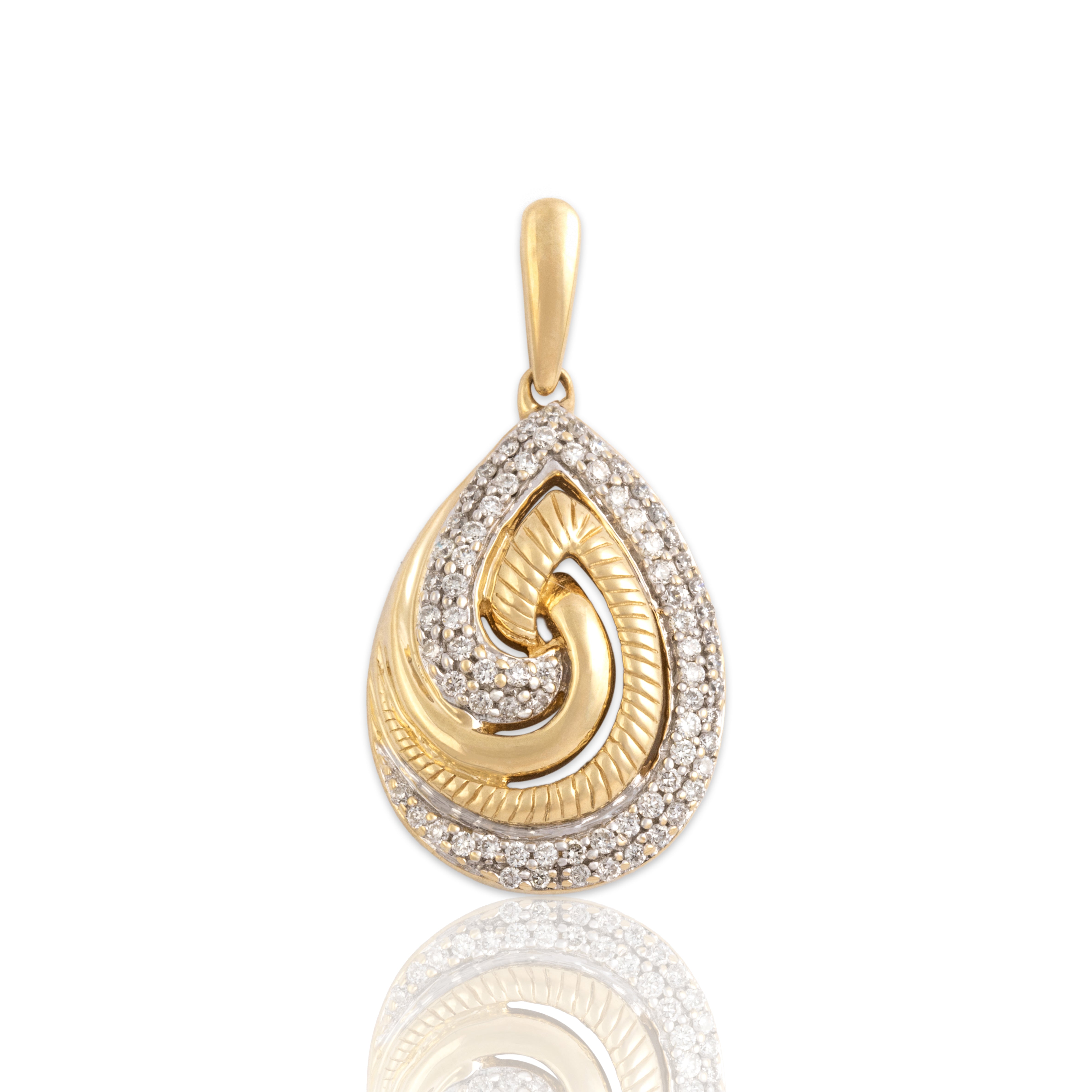 Estate 14k Yellow Gold Diamond Teardrop Textured Pavã© Swirl Pendant - Close-up view