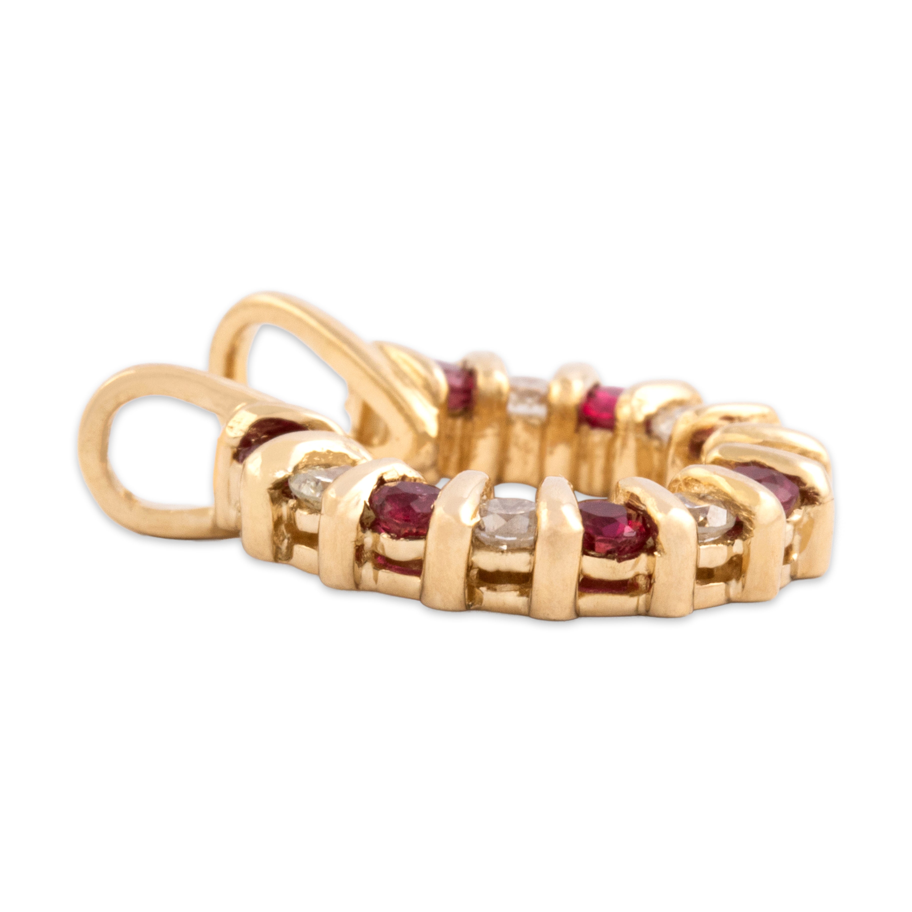 Vintage 14k Yellow Gold Ruby Diamond Glittering Open Wreath Slide Pendant - Side view