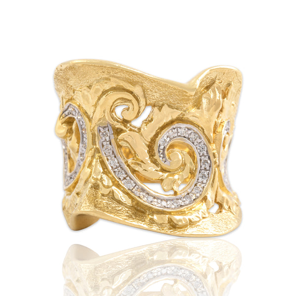 Vintage 14k Yellow Gold Diamond Oversized Freeform Artistic Flourish Ring 6.00