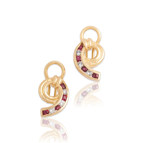 Vintage 14k Yellow Gold Ruby Diamond Sparkling Twist Twirl Omega-Back Earrings