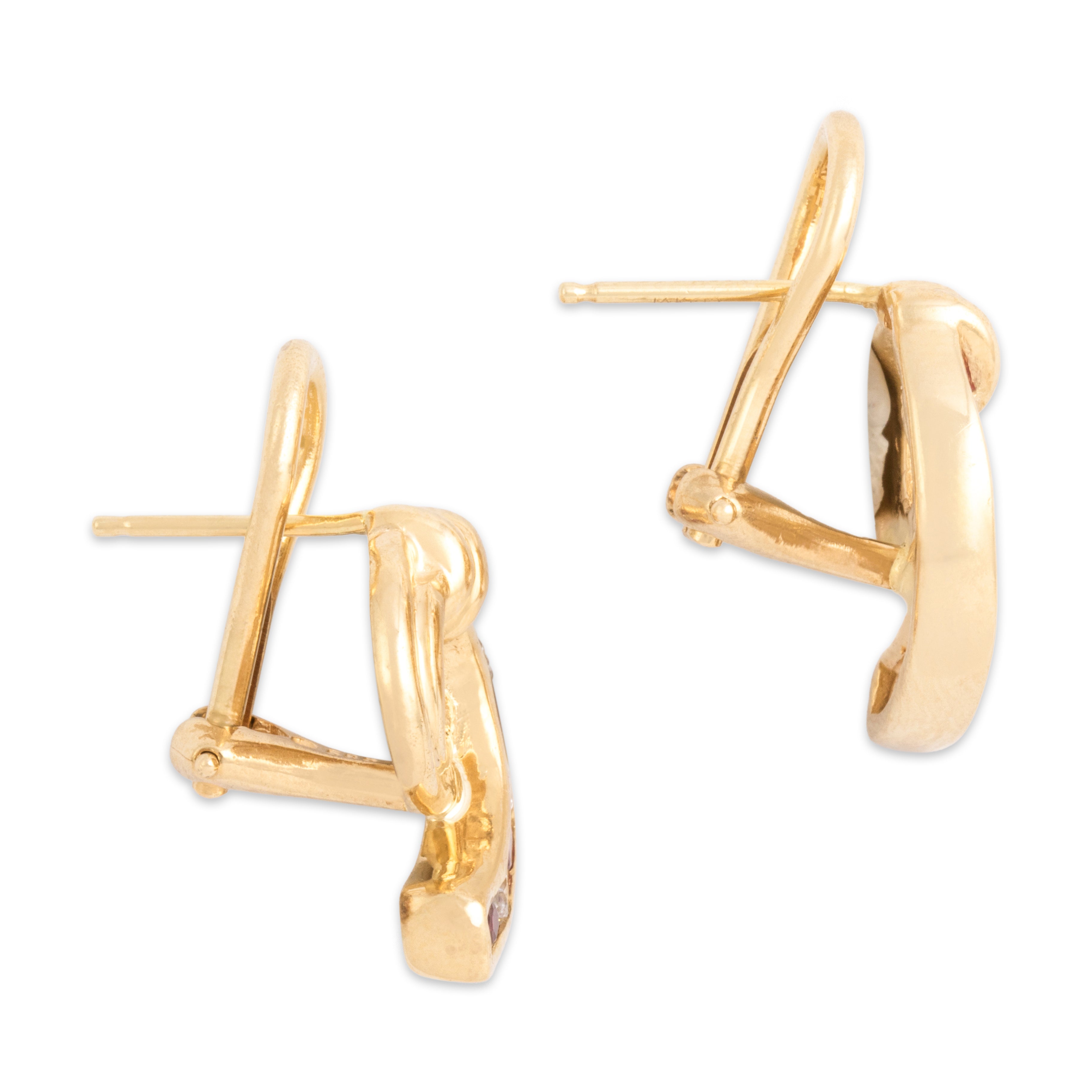 Vintage 14k Yellow Gold Ruby Diamond Sparkling Twist Twirl Omega-Back Earrings - Side view