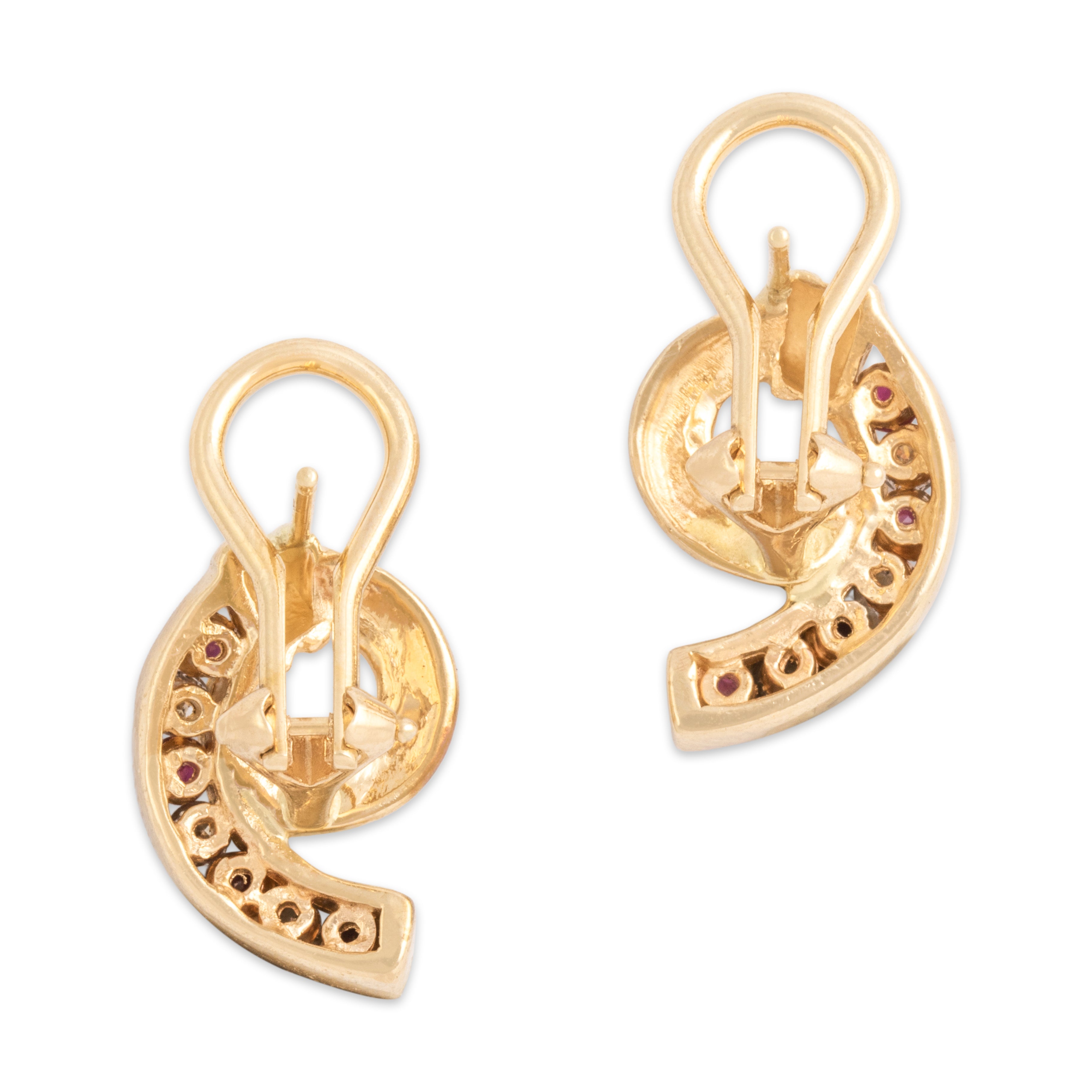 Vintage 14k Yellow Gold Ruby Diamond Sparkling Twist Twirl Omega-Back Earrings - Back view