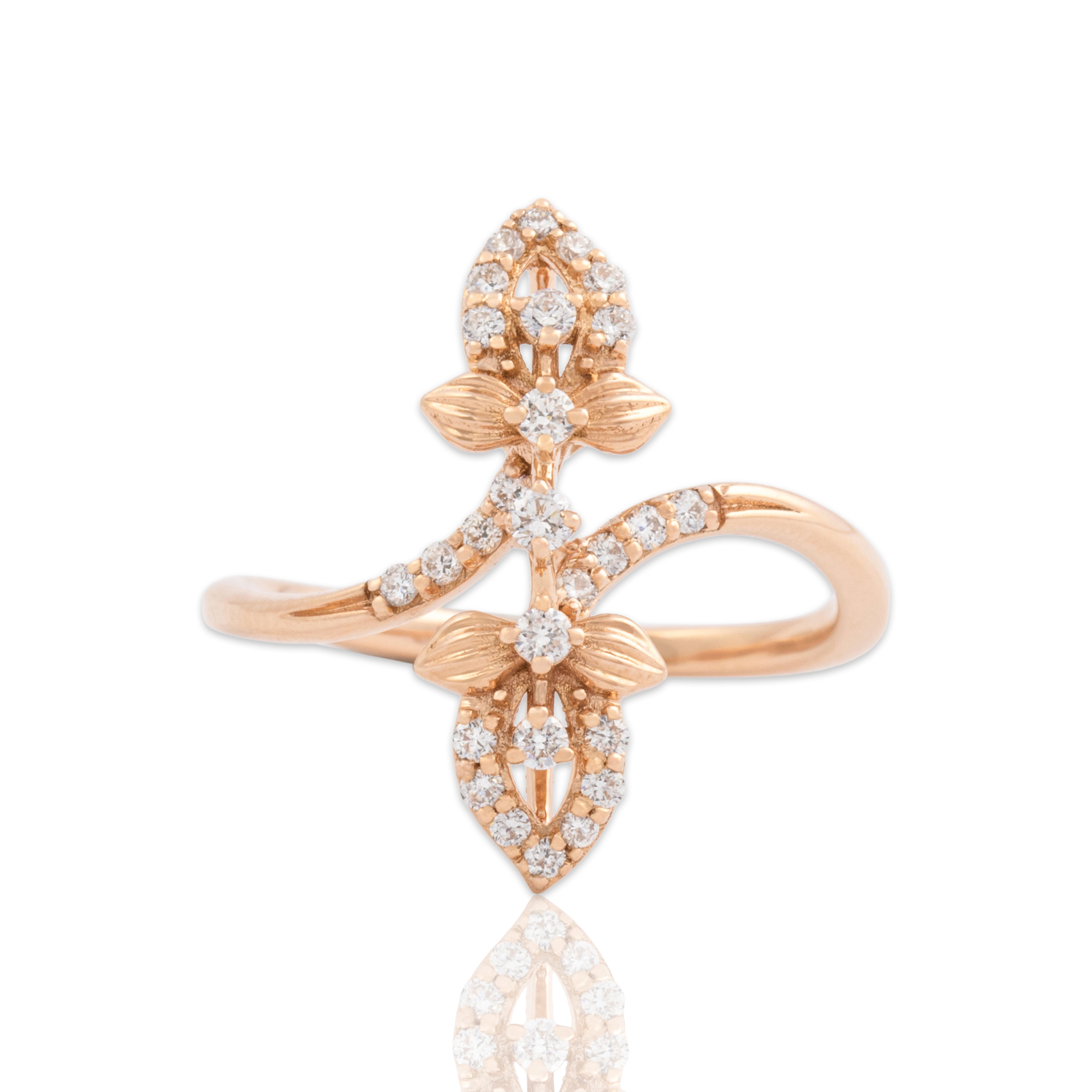 Estate 18k Rose Gold Diamond Pointed Floral Bypass Ring - Close-up view