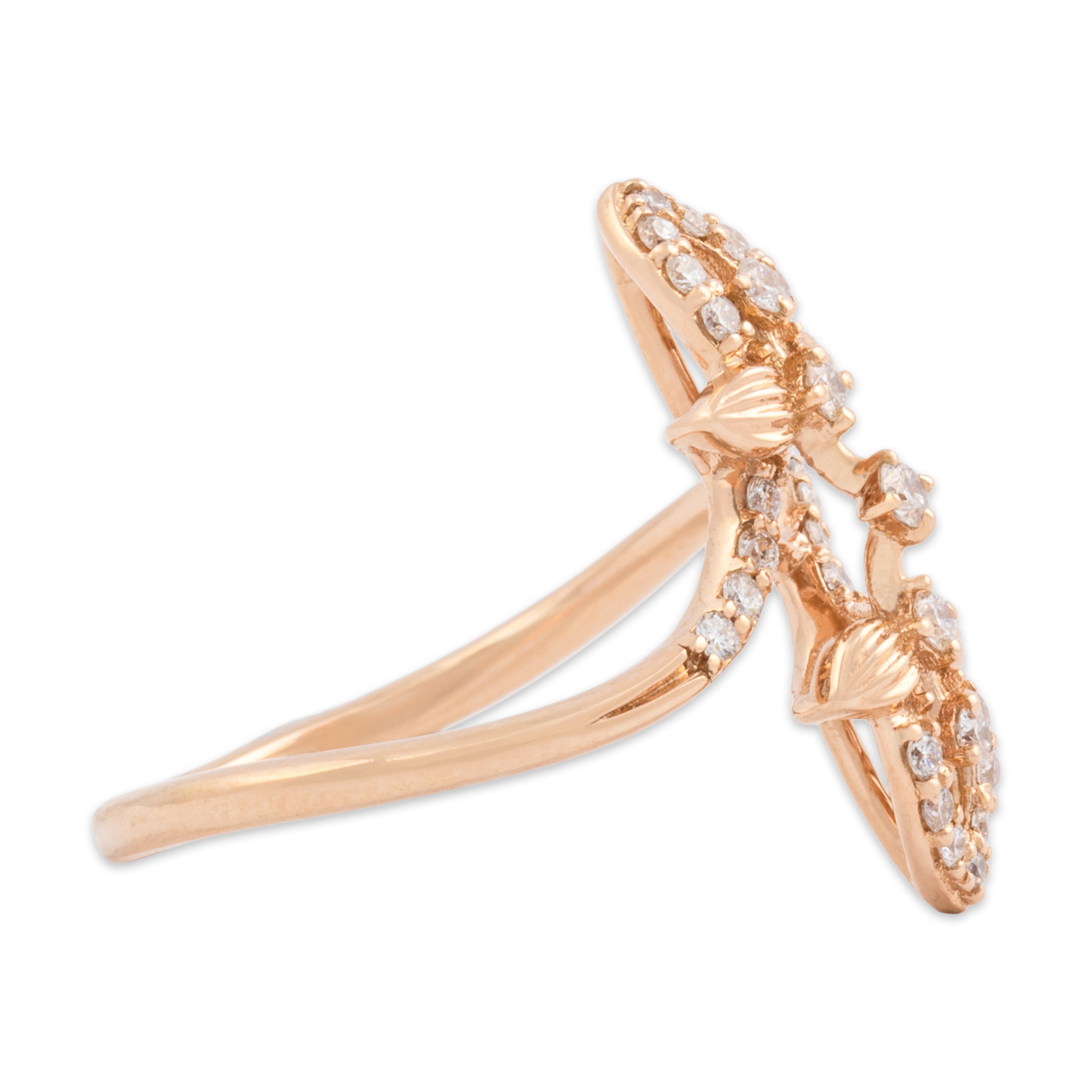 Estate 18k Rose Gold Diamond Pointed Floral Bypass Ring - Side view